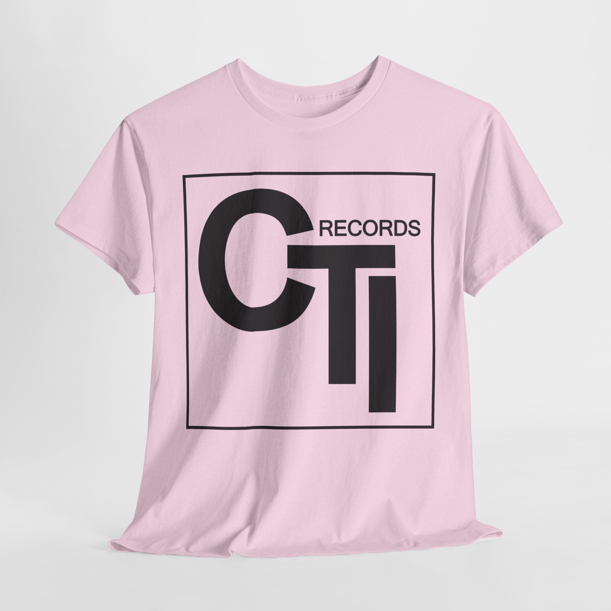 CTI Records Logo in black text on multi colored t-shirts