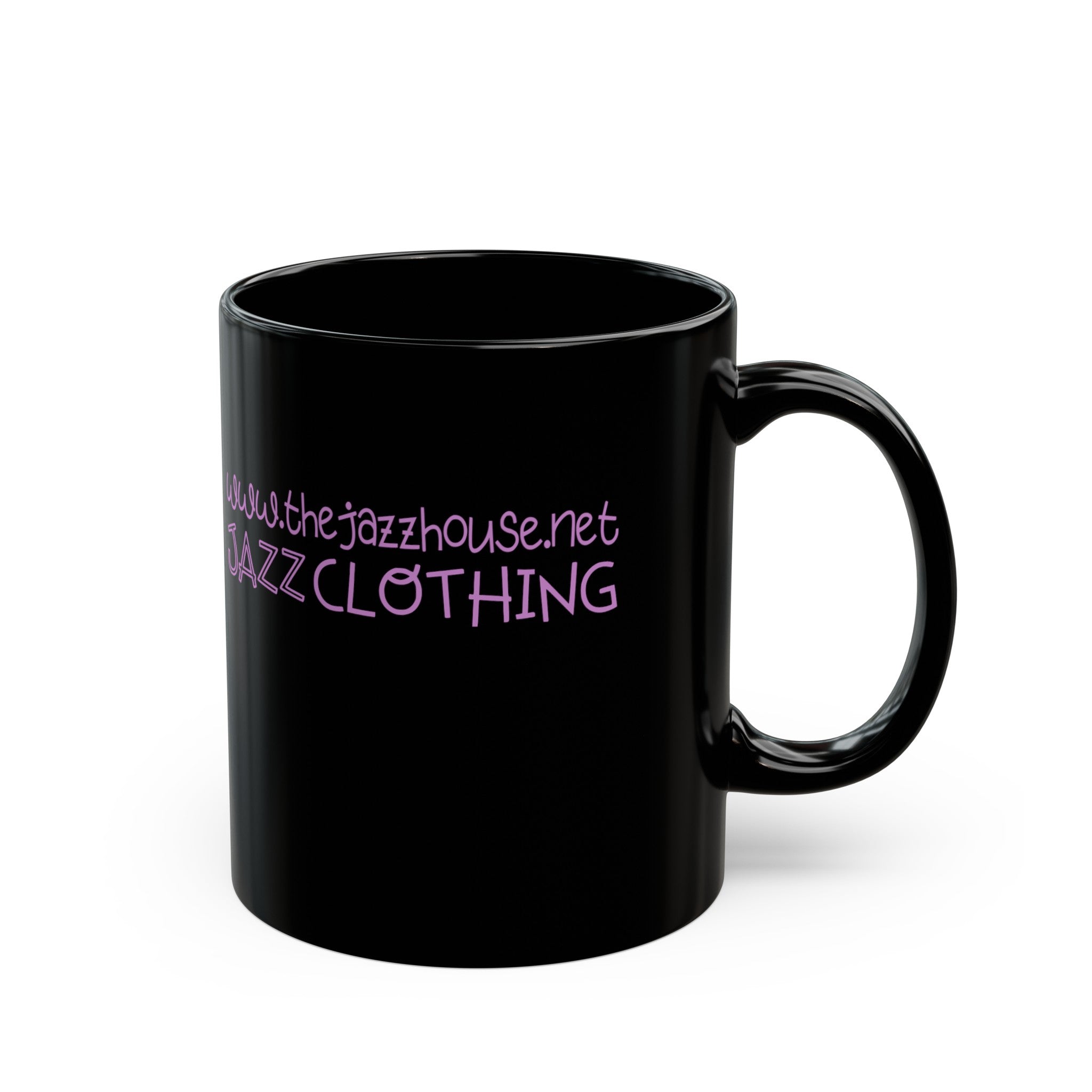 A coffee mug featuring ‘The Jazz House’ logo image of a trumpeter leaning against the wall of The Jazz House club playing, whilst purple smoke rises from his instrument. The scene is set in a dimly lit alley. The rear of the mug has the website URL with the words ‘Jazz Clothing.’
