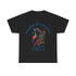 A black t shirt with an abstract image of a man playing a saxophone with the words Freedom of Expression - JAZZ in a circle surrounding the image.