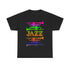 Jazz trumpets silhouette t-shirt with a gradient multicolor design on a dark background with the word ‘JAZZ’ between the trumpets.