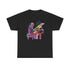 A black t shirt with a multi colored design of a jazz piano player. The text above the piano states, ‘Jazz Comes In All Colors’