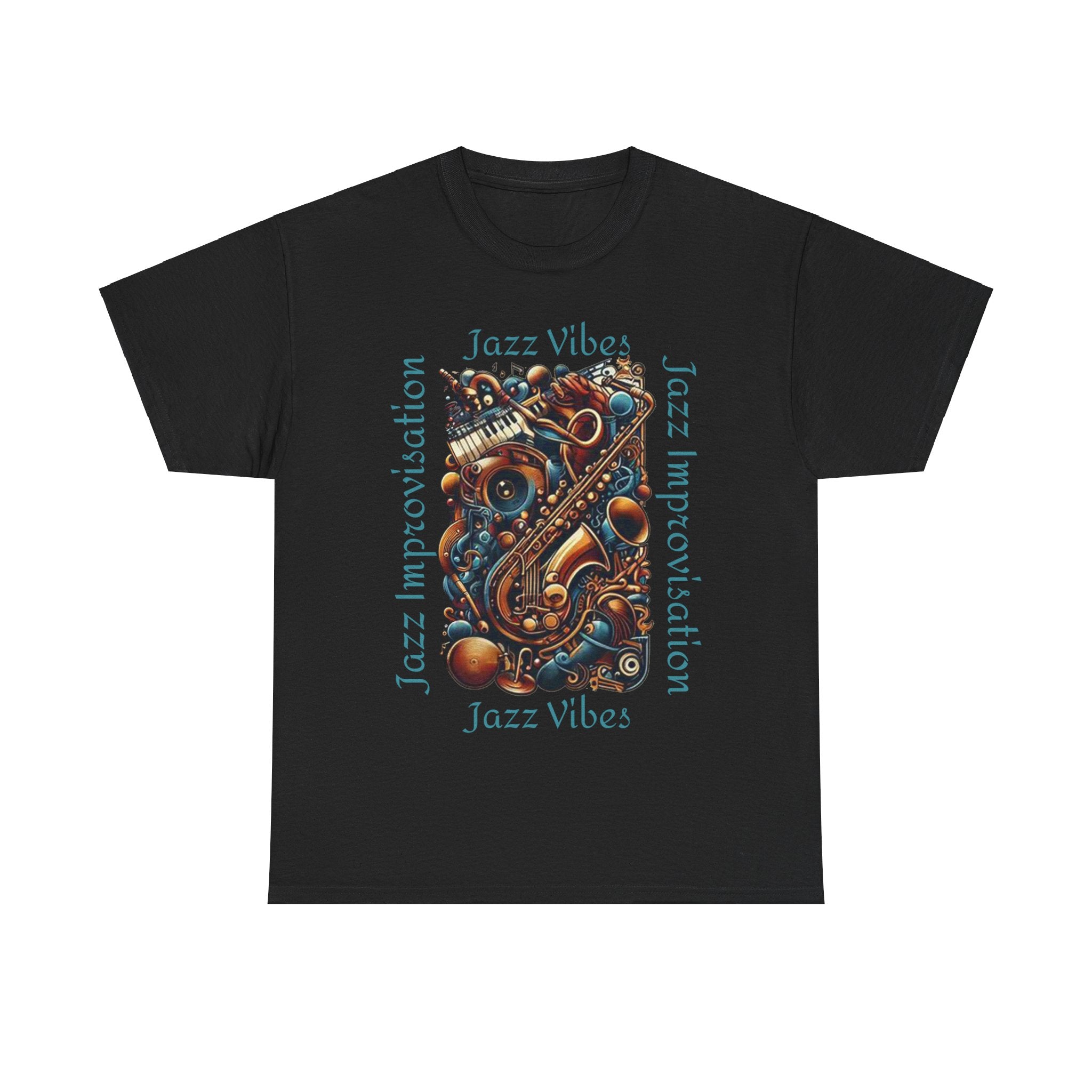A black t shirt with an abstract jazz music design highlighting a sax and keyboards. The text states ‘Jazz Vibes, Jazz Improvisation.’