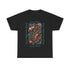 A black t shirt with an abstract jazz music design highlighting a sax and keyboards. The text states ‘Jazz Vibes, Jazz Improvisation.’