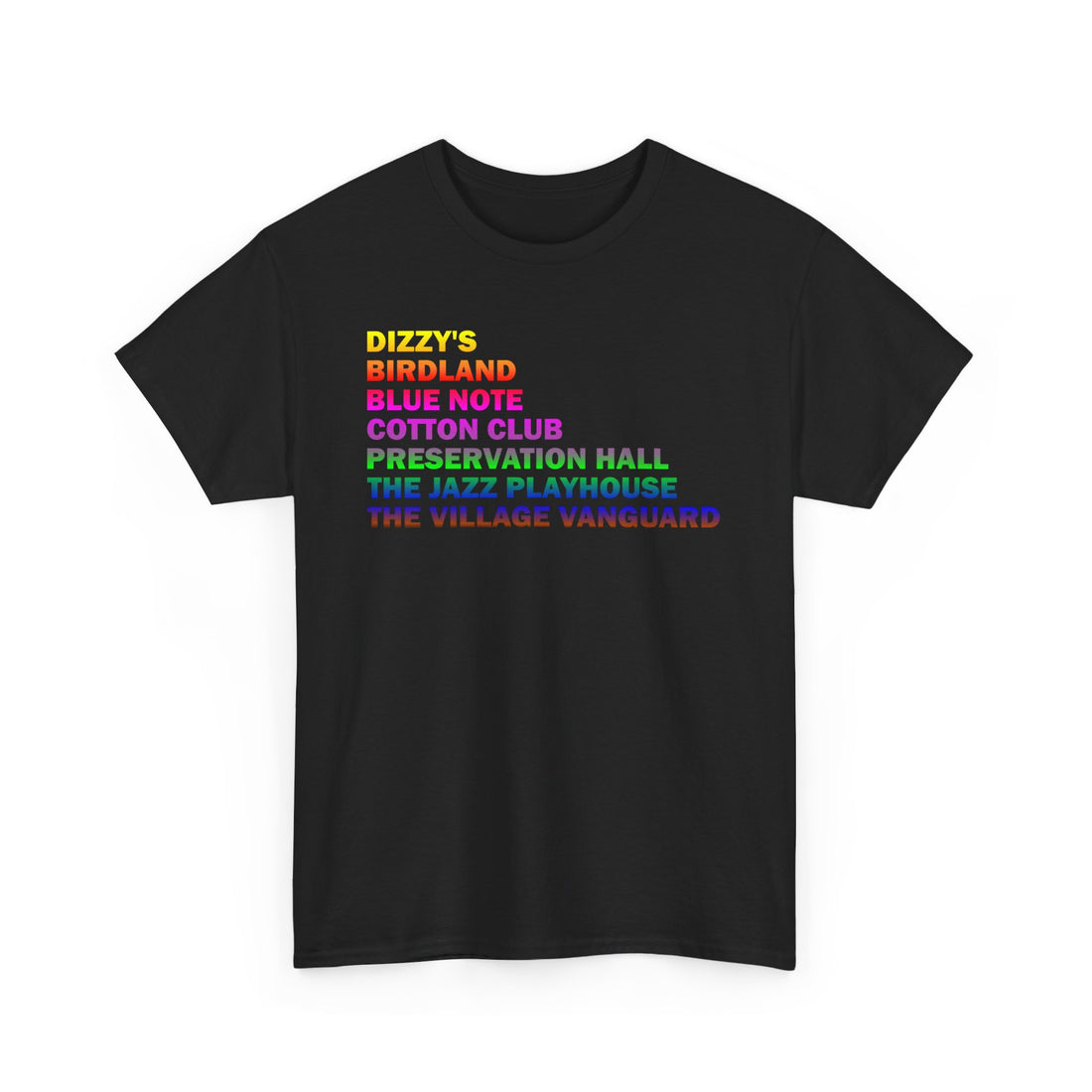 A black t shirt depicting the best Jazz clubs in the USA