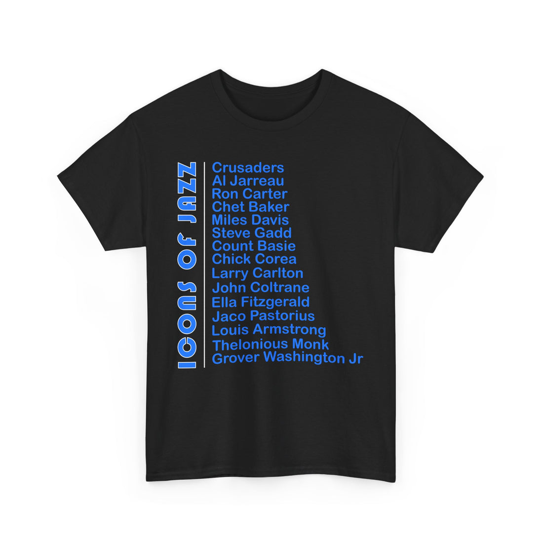 Icons of jazz listed on a black t shirt