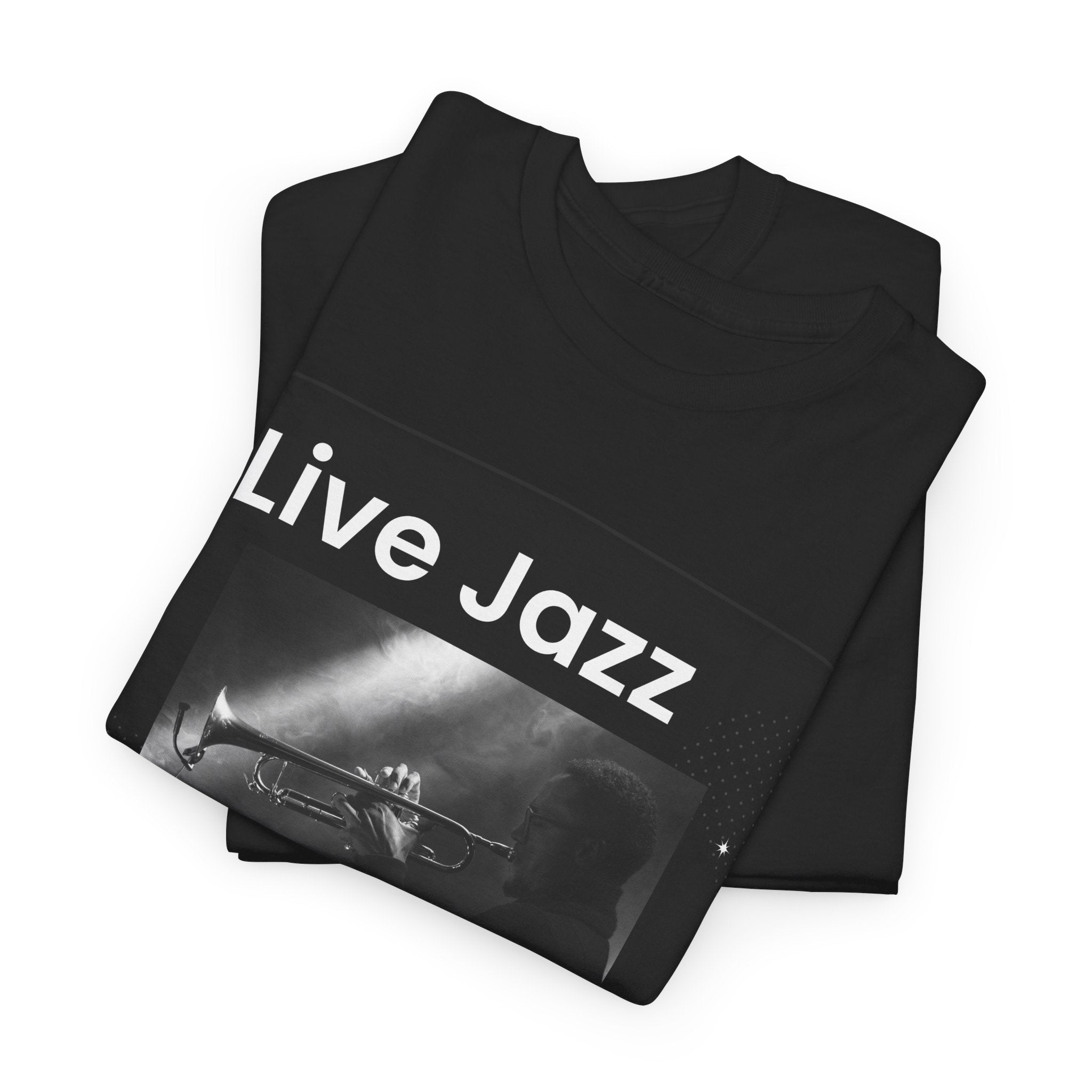 A black t shirt with a photographical image of a trumpet player. The text overlay says ‘Live Jazz, Jazz Life’