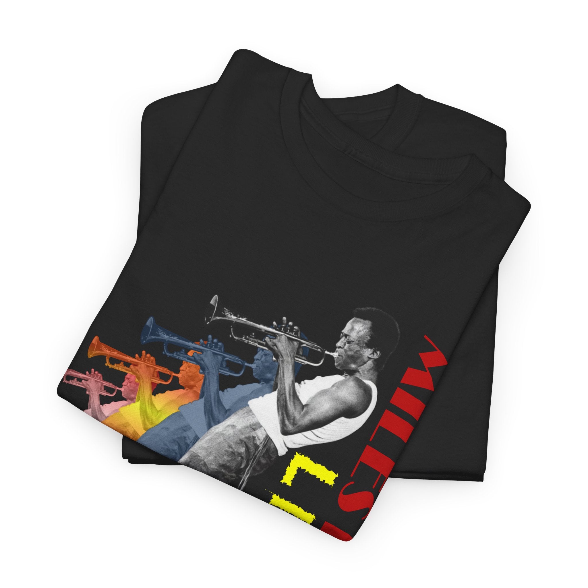A black t shirt with a Miles Davis graphic of him leaning back playing his trumpet. The image has him duplicated in various colors. The text says ‘Miles Davis, Live’