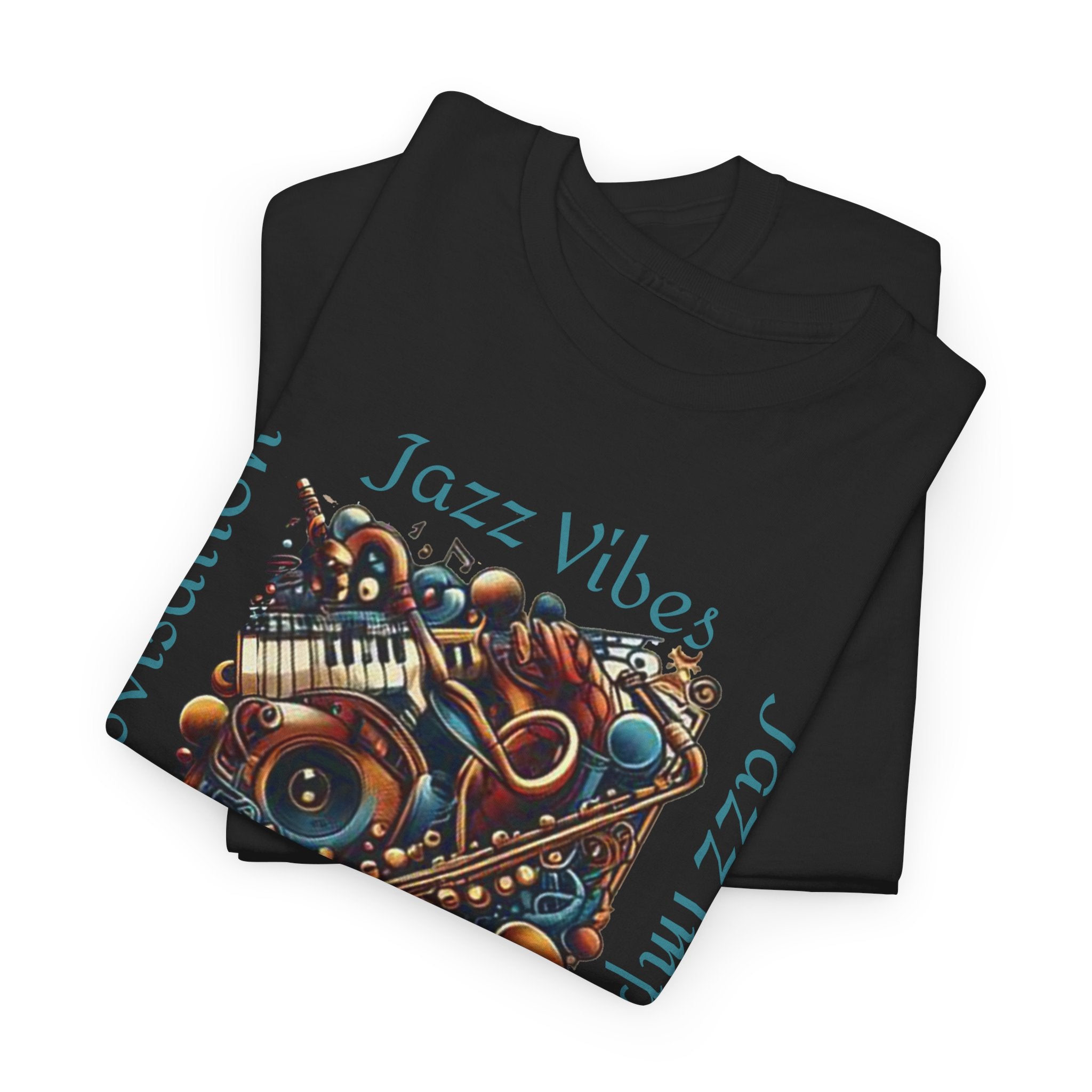 A black t shirt with an abstract jazz music design highlighting a sax and keyboards. The text states ‘Jazz Vibes, Jazz Improvisation.’