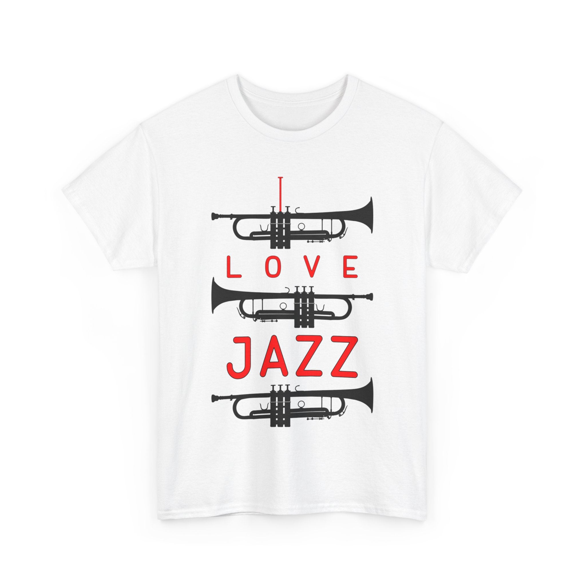 ‘I Love Jazz’ t shirt with big text and three trumpet silhouettes