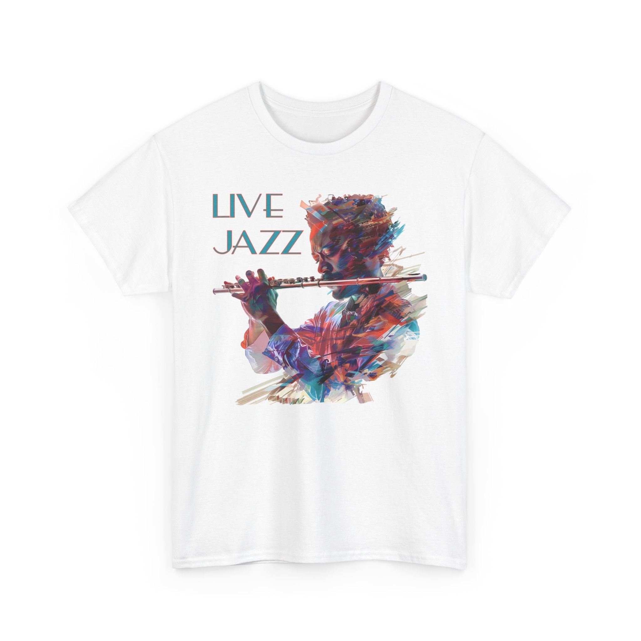 Both black & white colored t shirts with a flute player image. The text over the image says ‘Live Jazz’