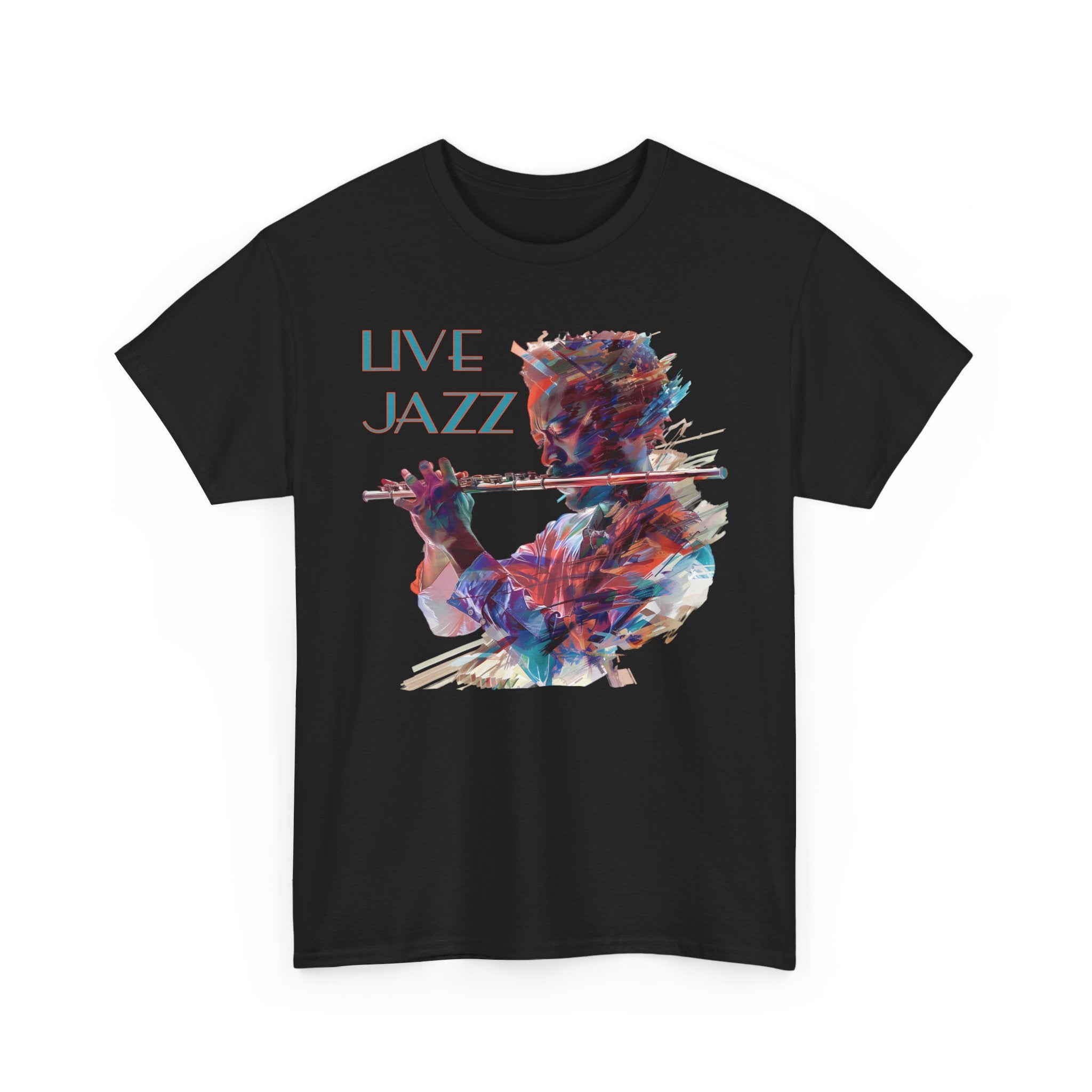 Both black & white colored t shirts with a flute player image. The text over the image says ‘Live Jazz’