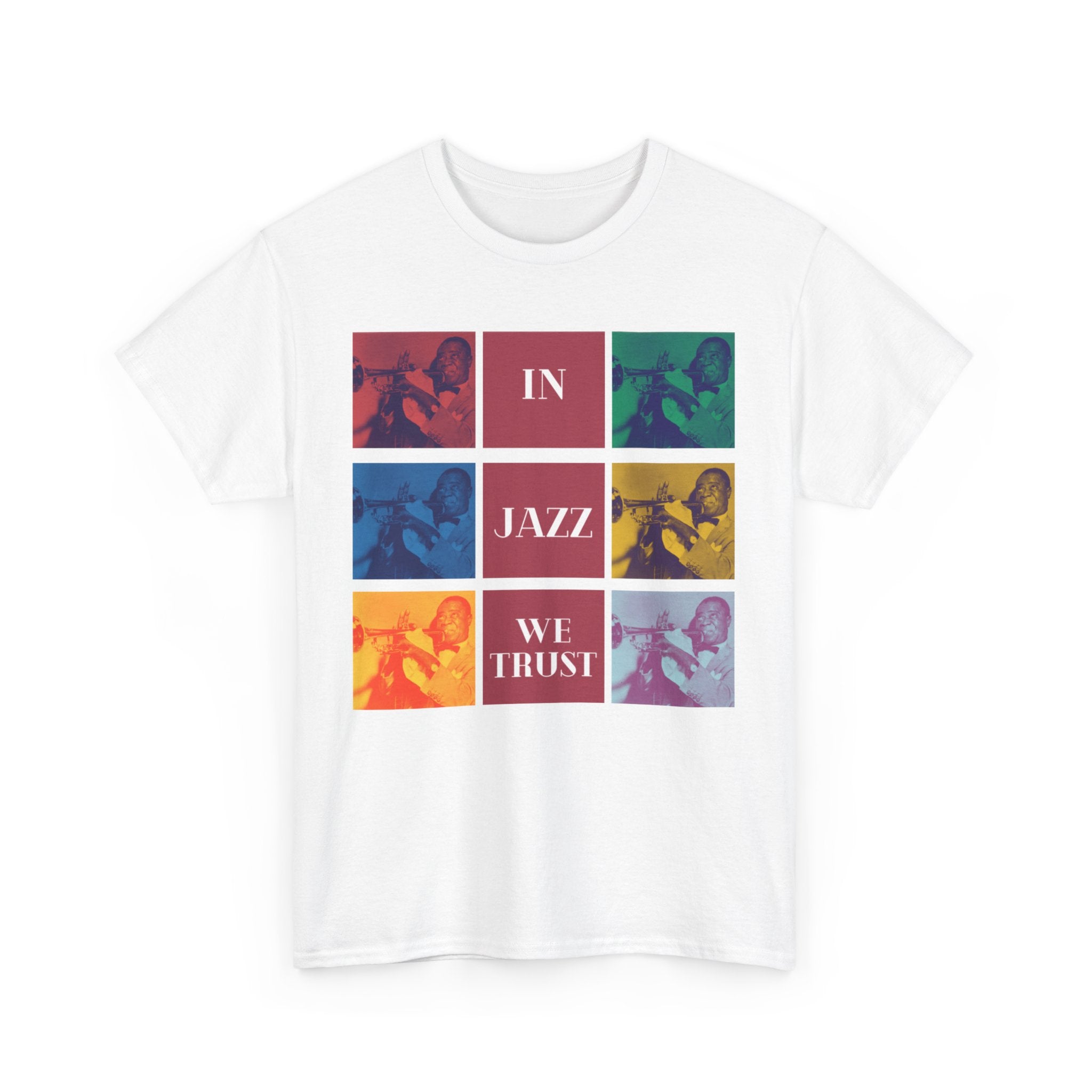 A black or white t shirt with 9 different colored squares with each one containing the same Louis Armstrong Image. The text states ’In Jazz We Trust’