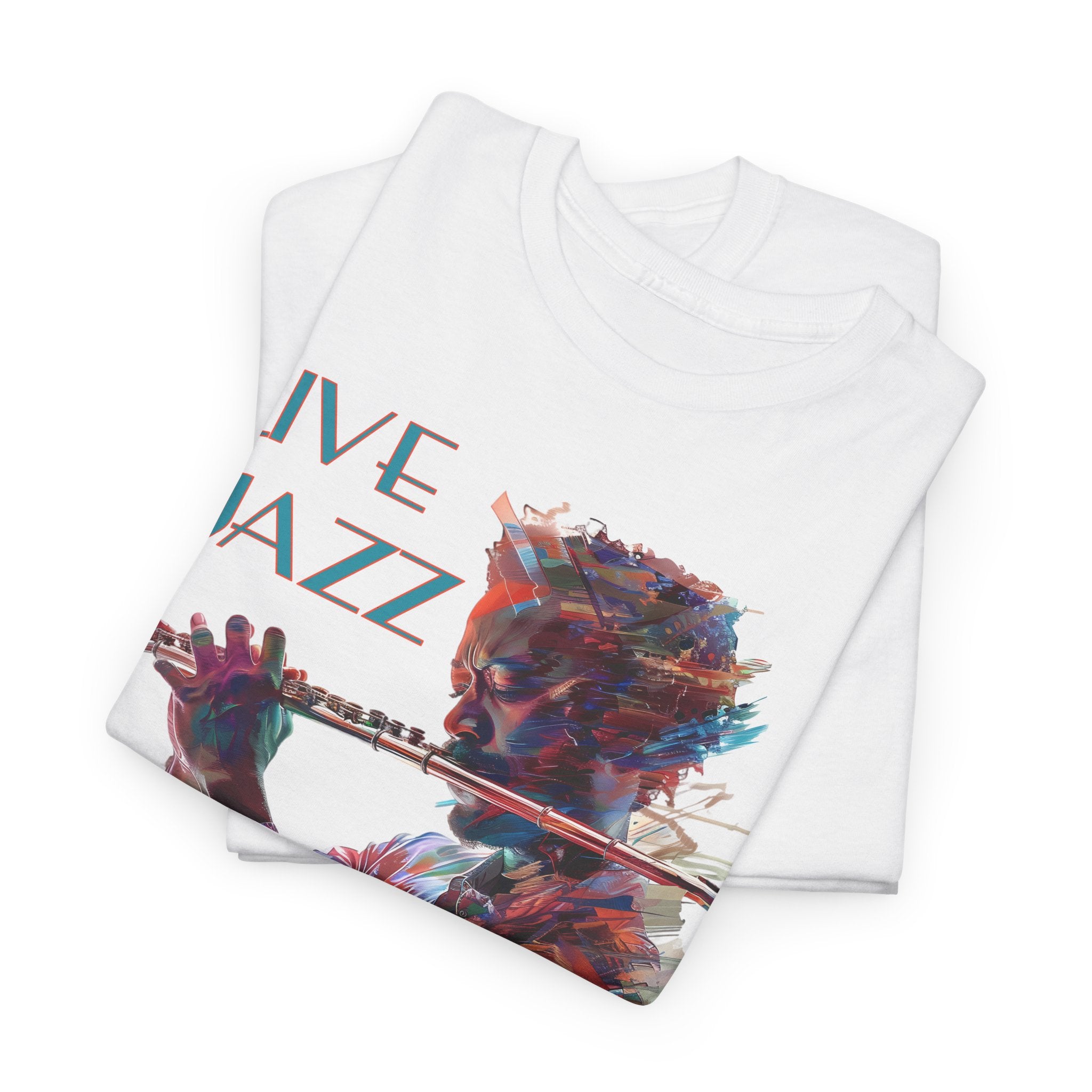Both black & white colored t shirts with a flute player image. The text over the image says ‘Live Jazz’