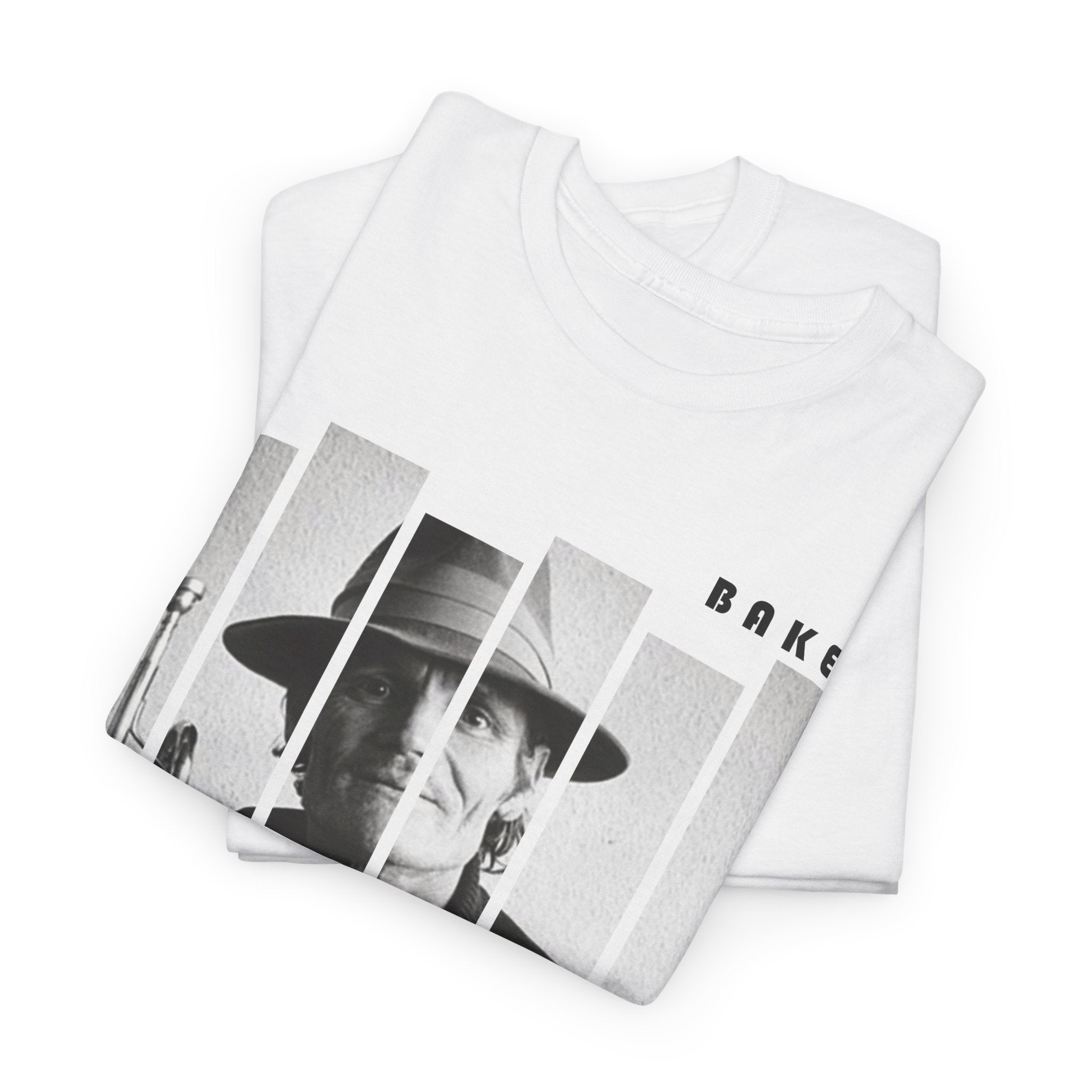 A white t shirt with a block photographic image of Chet Baker
