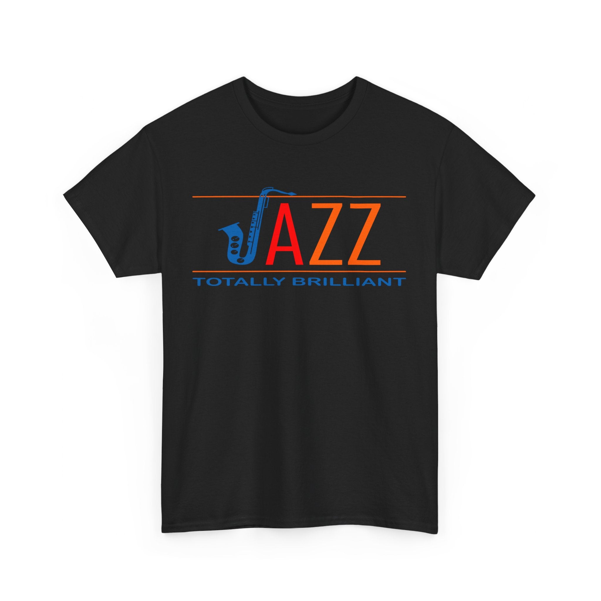 ‘Jazz, Totally Brilliant’ multi colored text on a black t shirt