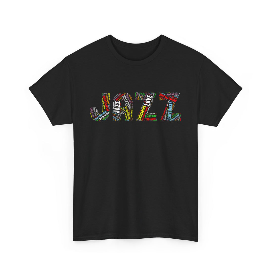 A black t shirt with multi colored word art text promoting jazz music’s great artists displayed within the word ‘JAZZ’