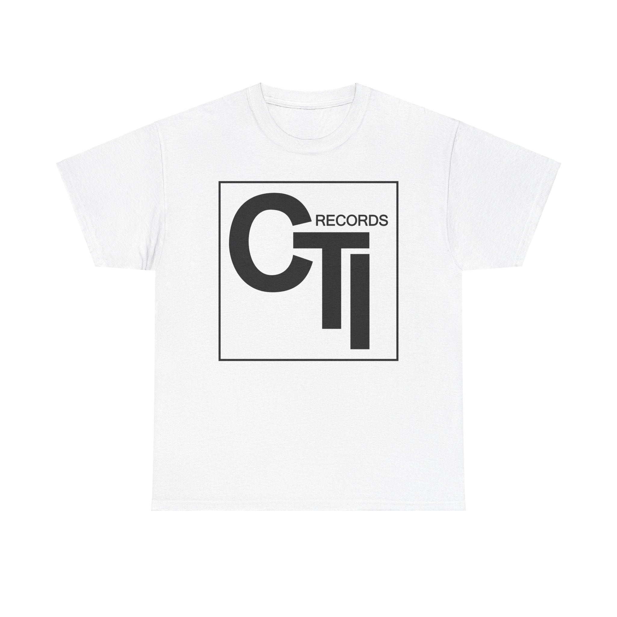 CTI Records Logo in black text on multi colored t-shirts