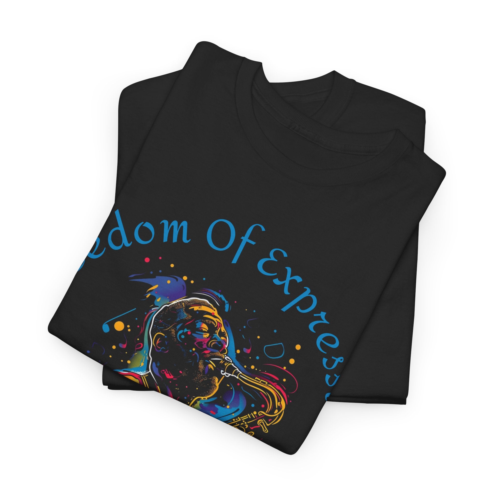 A black t shirt with an abstract image of a man playing a saxophone with the words Freedom of Expression - JAZZ in a circle surrounding the image.