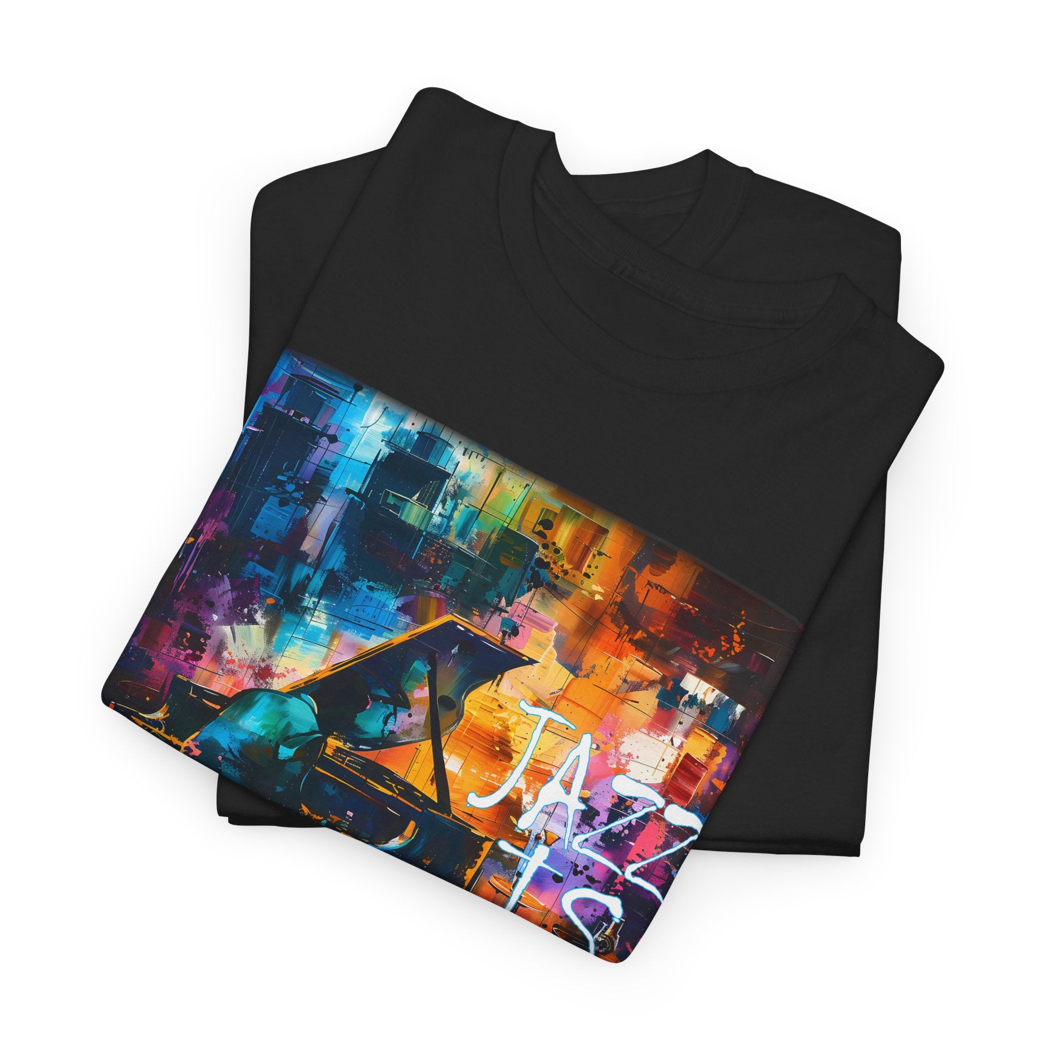 A black t shirt with a painted image of a jazz pianist. The words ‘Jazz Is Life’ are embossed in the image