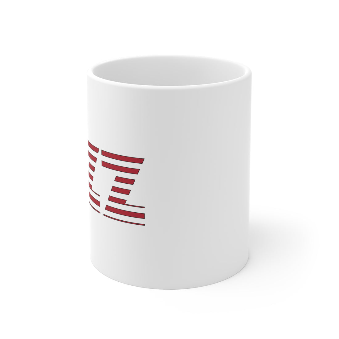 A white coffee mug with an American flag embossed into the word ‘JAZZ’ as the design image