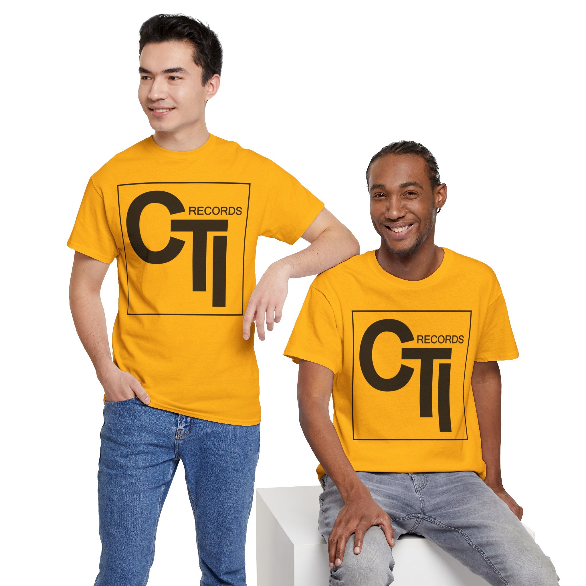 CTI Records Logo in black text on multi colored t-shirts
