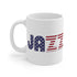 A white coffee mug with an American flag embossed into the word ‘JAZZ’ as the design image