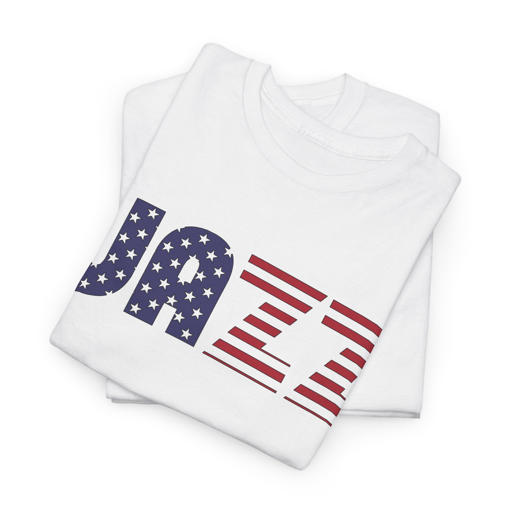 A white t shirt with an American flag imbedded into the word ’JAZZ’