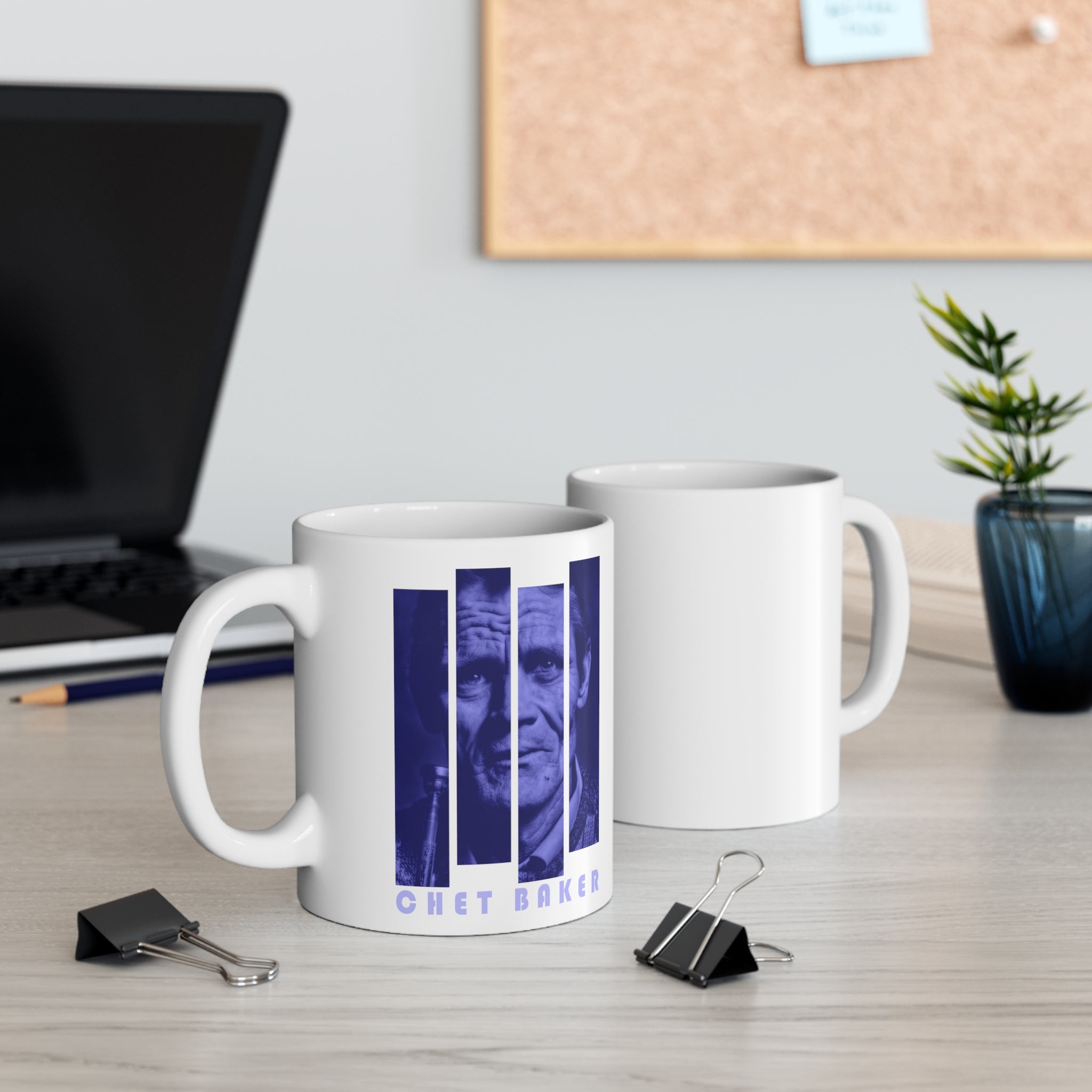 A white coffee mug with blue blocks making up the image of the jazz trumpeter Chet Baker