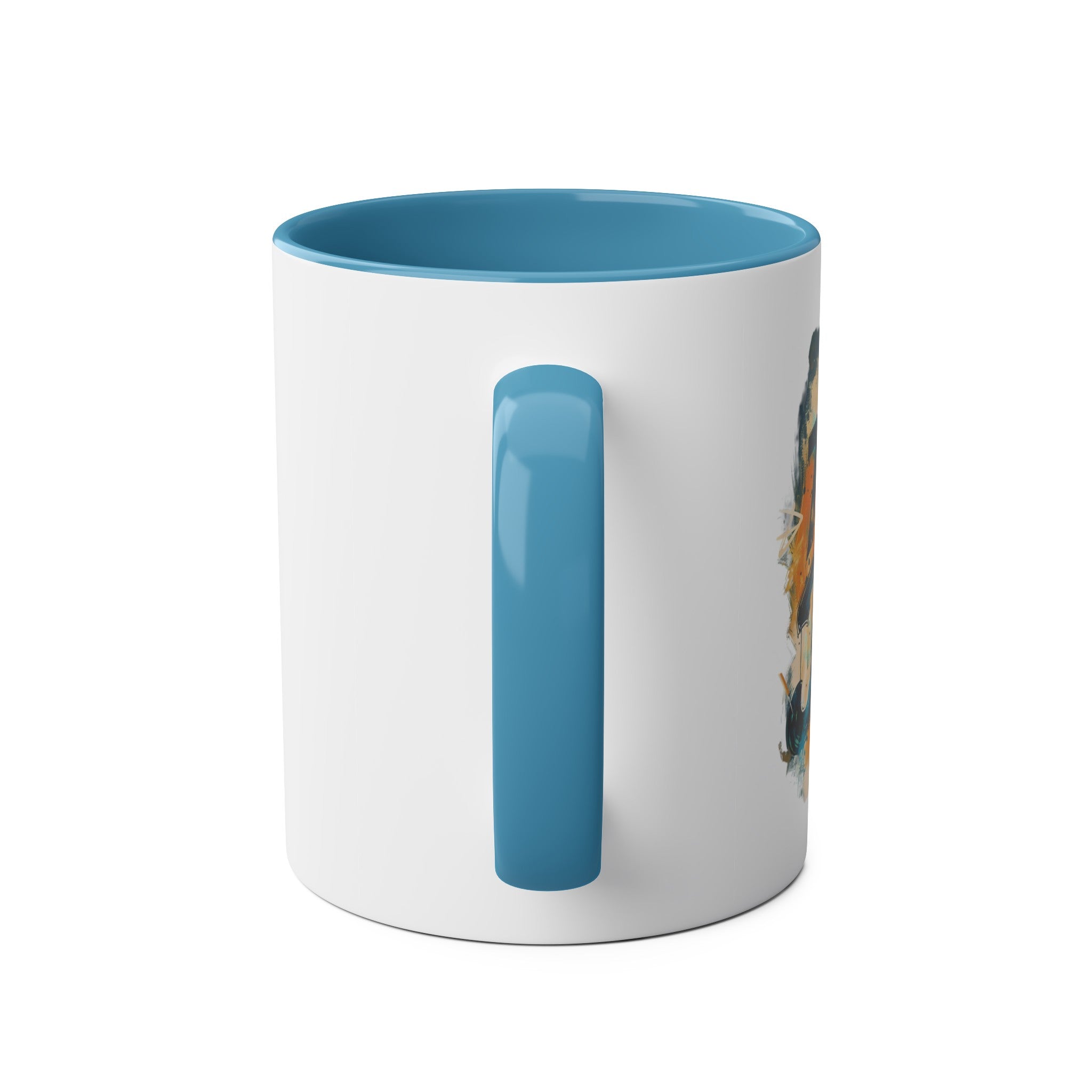 A white coffee mug with a blue interior the abstract blue and gold image says ‘Think Jazz’