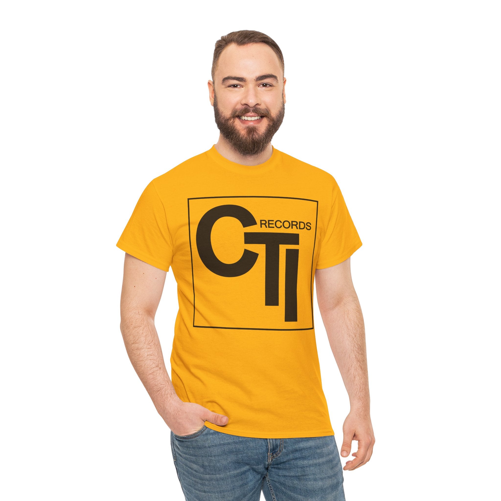 CTI Records Logo in black text on multi colored t-shirts