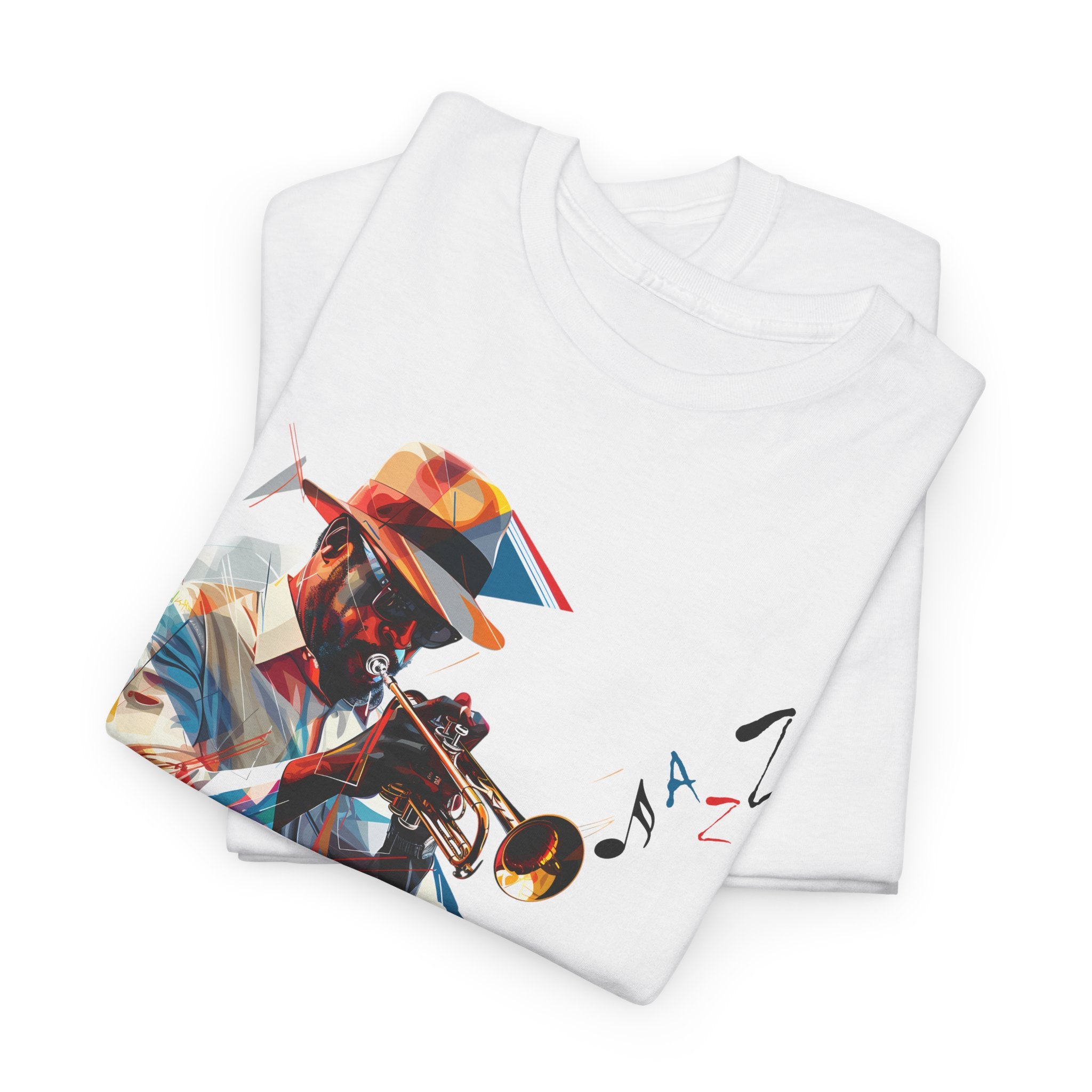 A white t shirt with the image depicting a trumpet player. The word ‘Jazz’ emanates from the trumpet as notes.