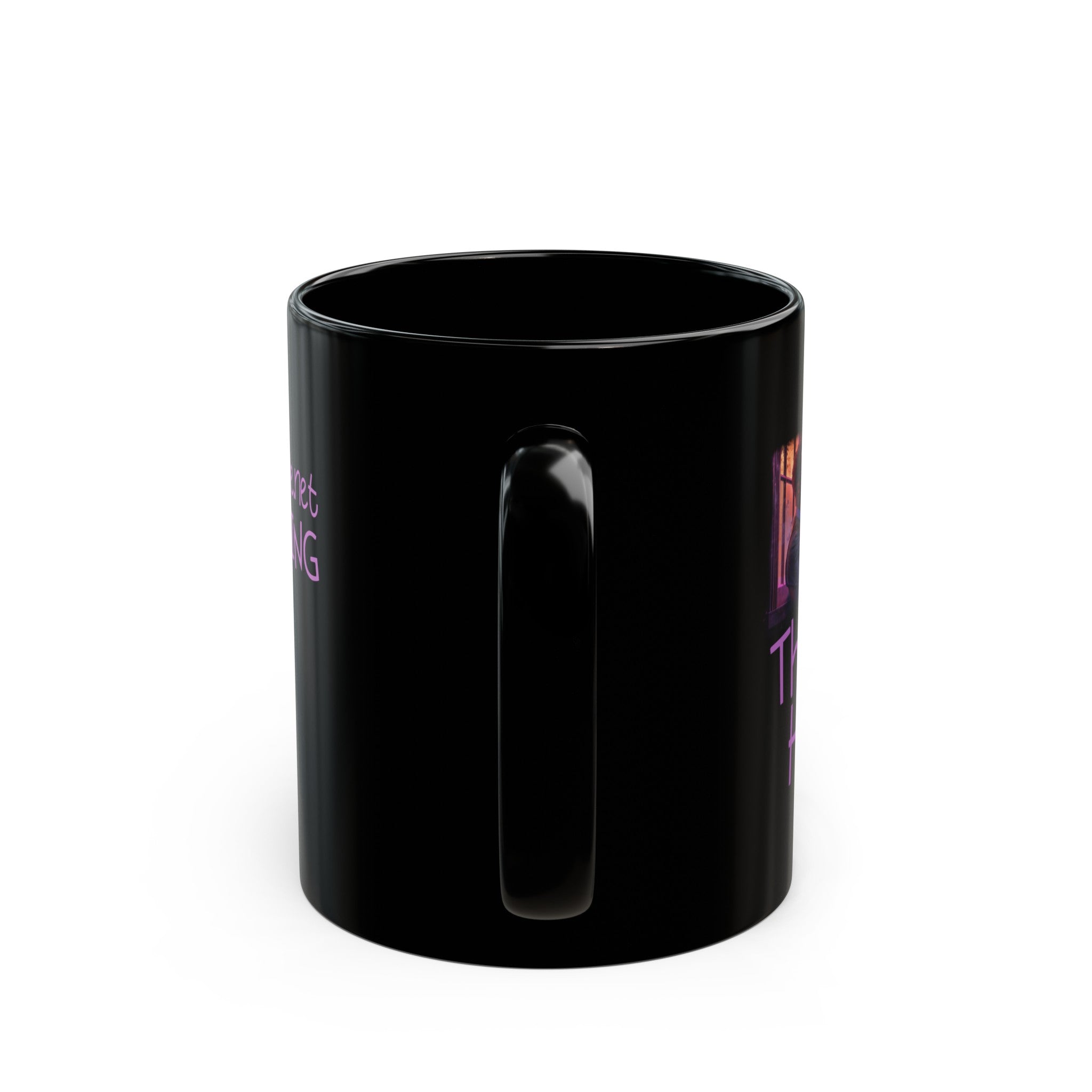 A coffee mug featuring ‘The Jazz House’ logo image of a trumpeter leaning against the wall of The Jazz House club playing, whilst purple smoke rises from his instrument. The scene is set in a dimly lit alley. The rear of the mug has the website URL with the words ‘Jazz Clothing.’