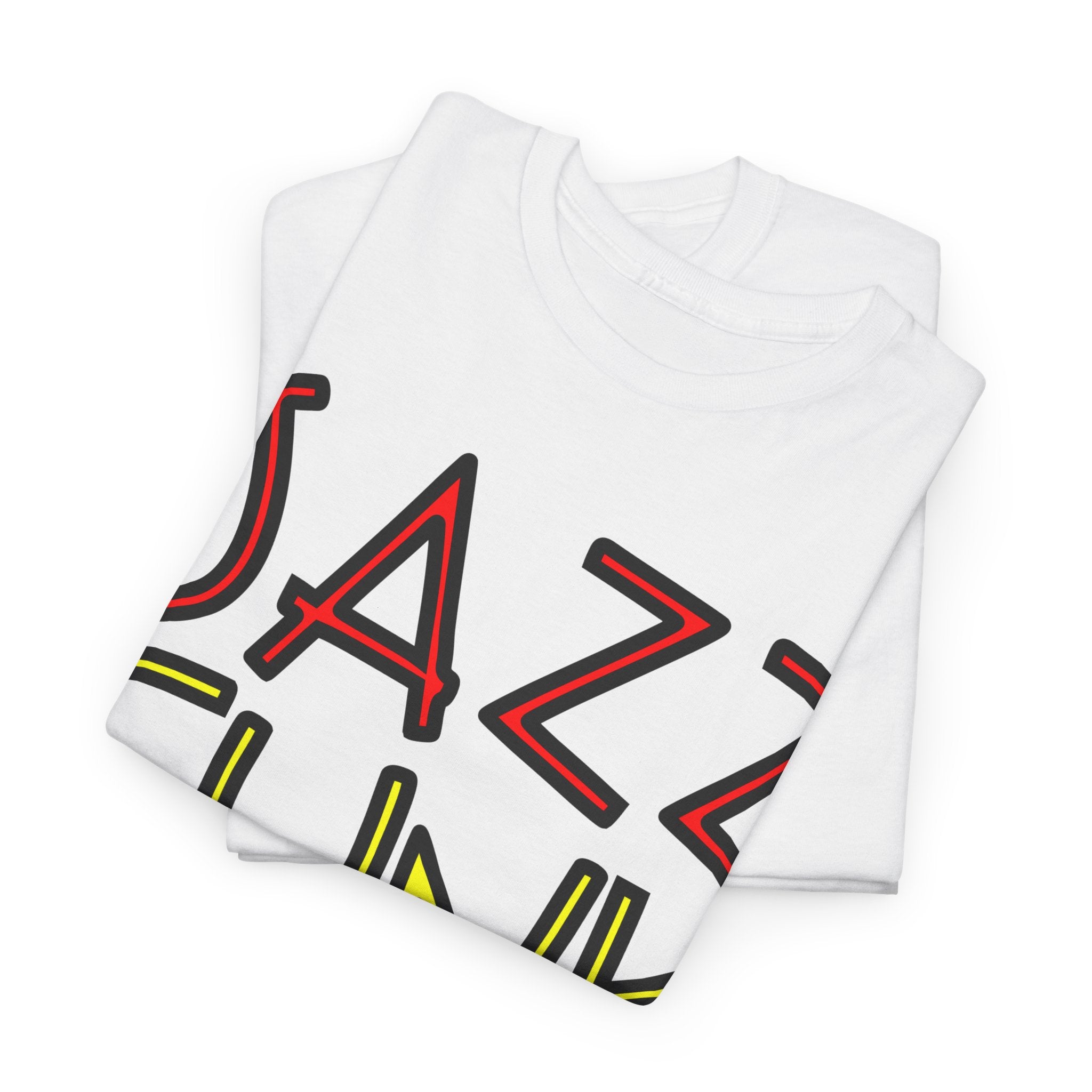 A white t shirt with unusual funky font saying JAZZ, FUNK, SOUL, in red, yellow & green with a black outline.