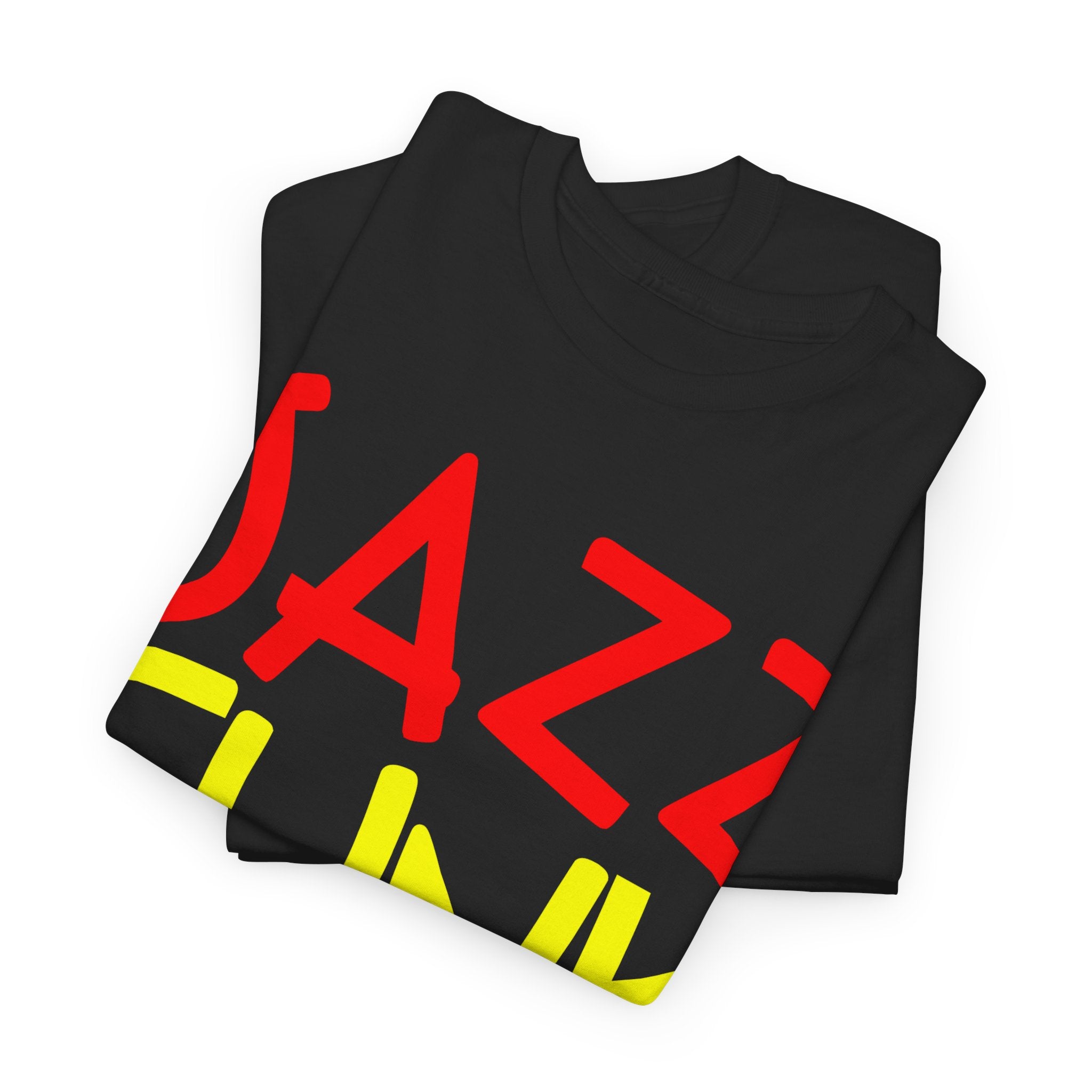 A black t shirt with unusual funky font saying JAZZ, FUNK, SOUL, in red, yellow & green.