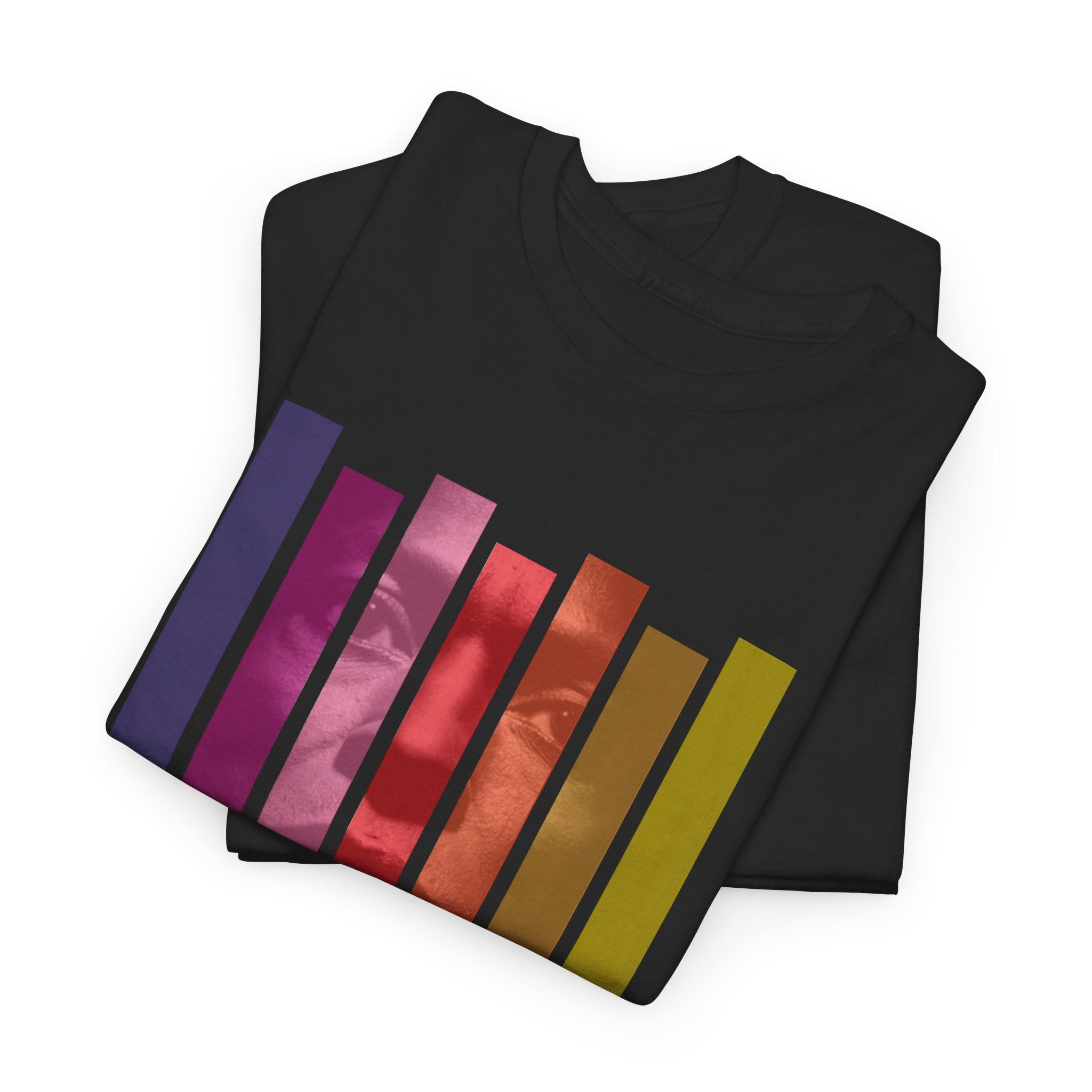A black t shirt with a multi colored block image of the trumpeter Miles Davis