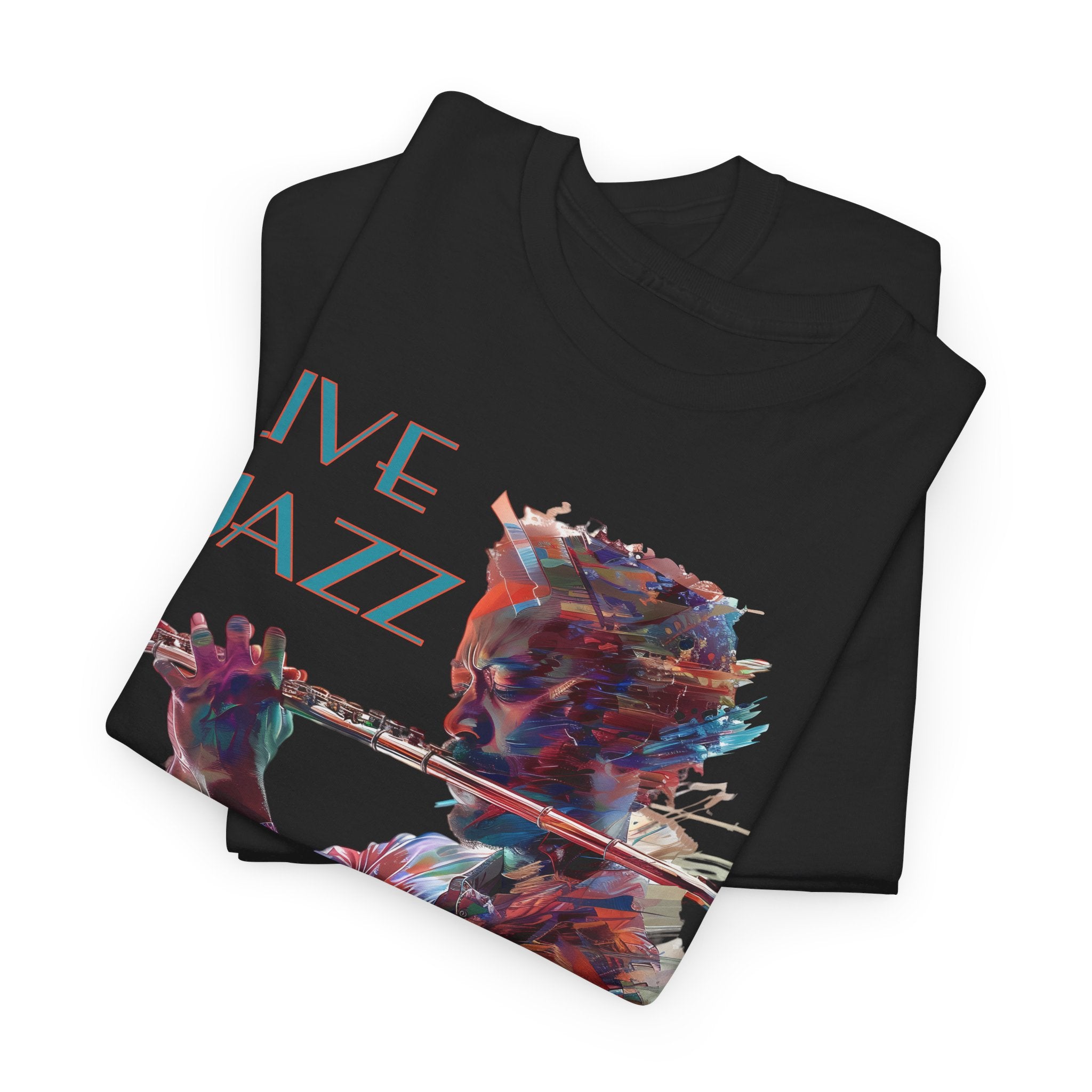 Both black & white colored t shirts with a flute player image. The text over the image says ‘Live Jazz’