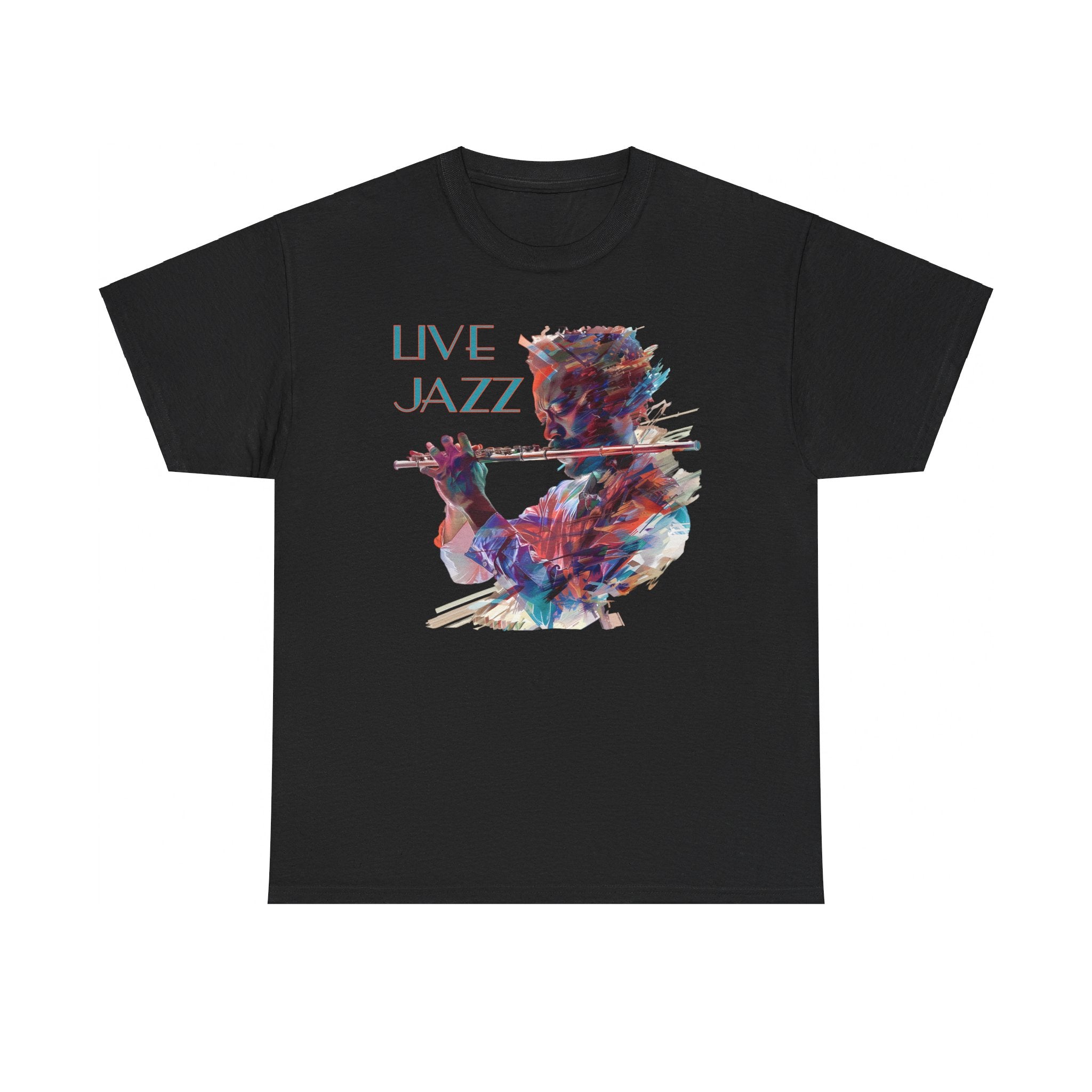 Both black & white colored t shirts with a flute player image. The text over the image says ‘Live Jazz’
