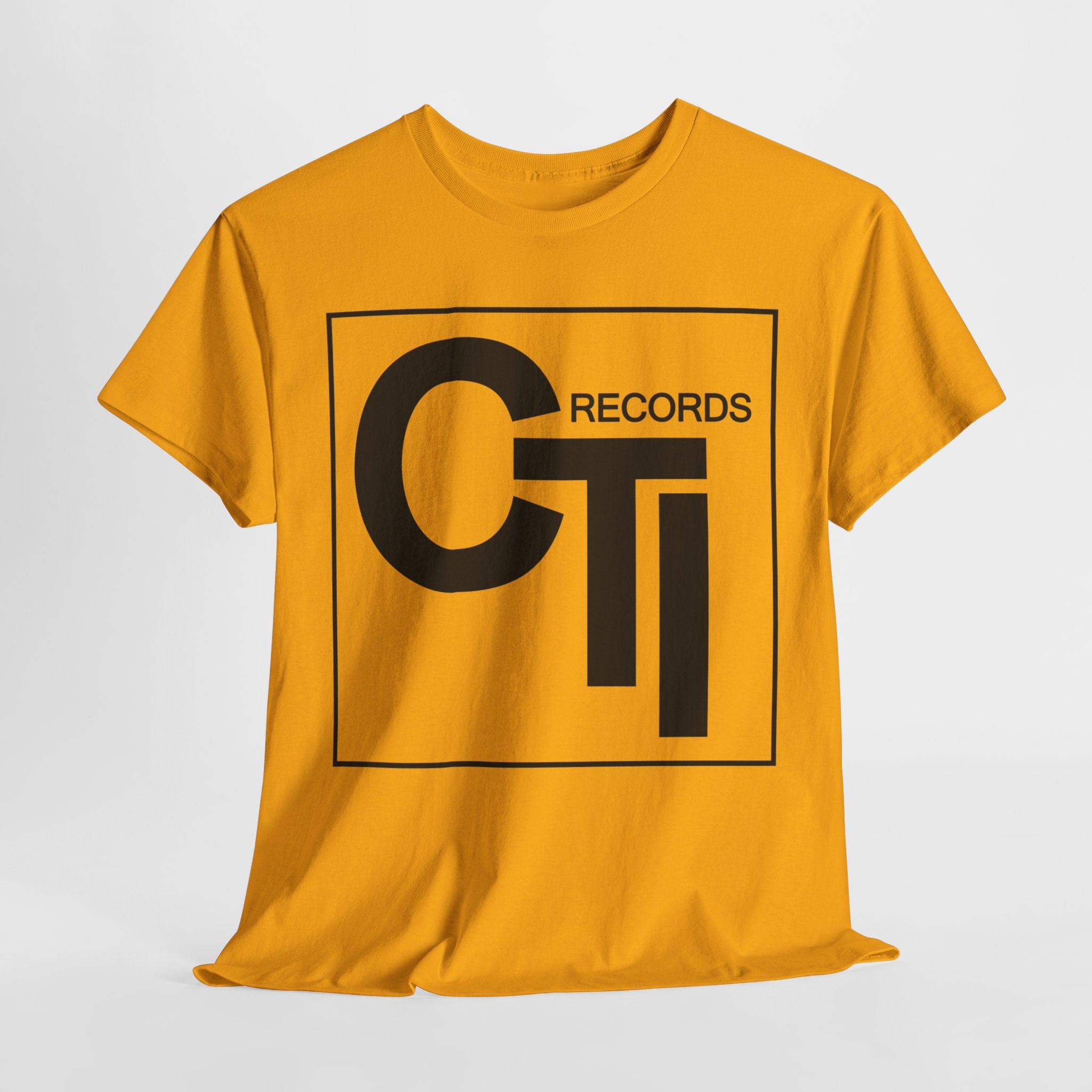 CTI Records Logo in black text on multi colored t-shirts