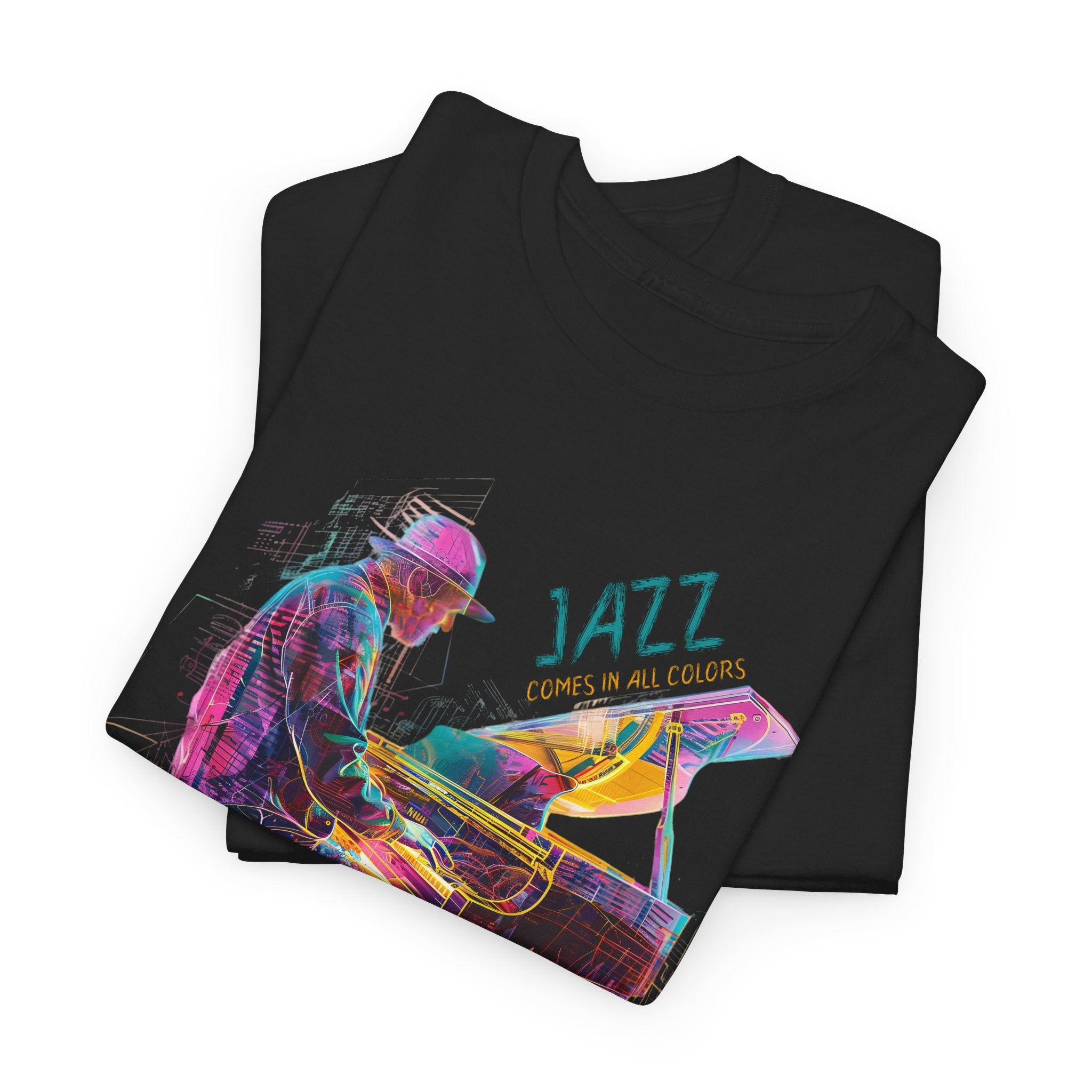 A black t shirt with a multi colored design of a jazz piano player. The text above the piano states, ‘Jazz Comes In All Colors’
