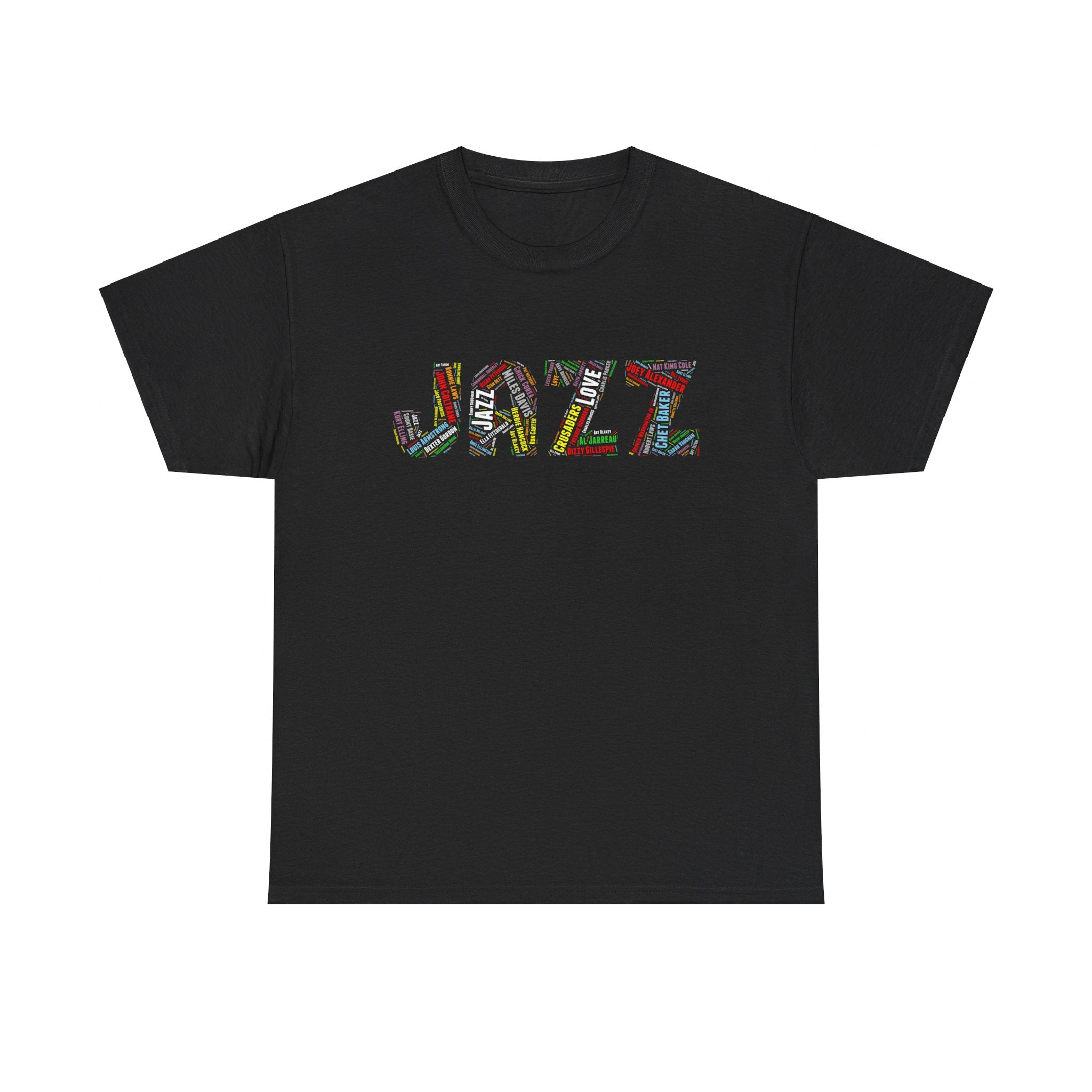 A black t shirt with multi colored word art text promoting jazz music’s great artists displayed within the word ‘JAZZ’