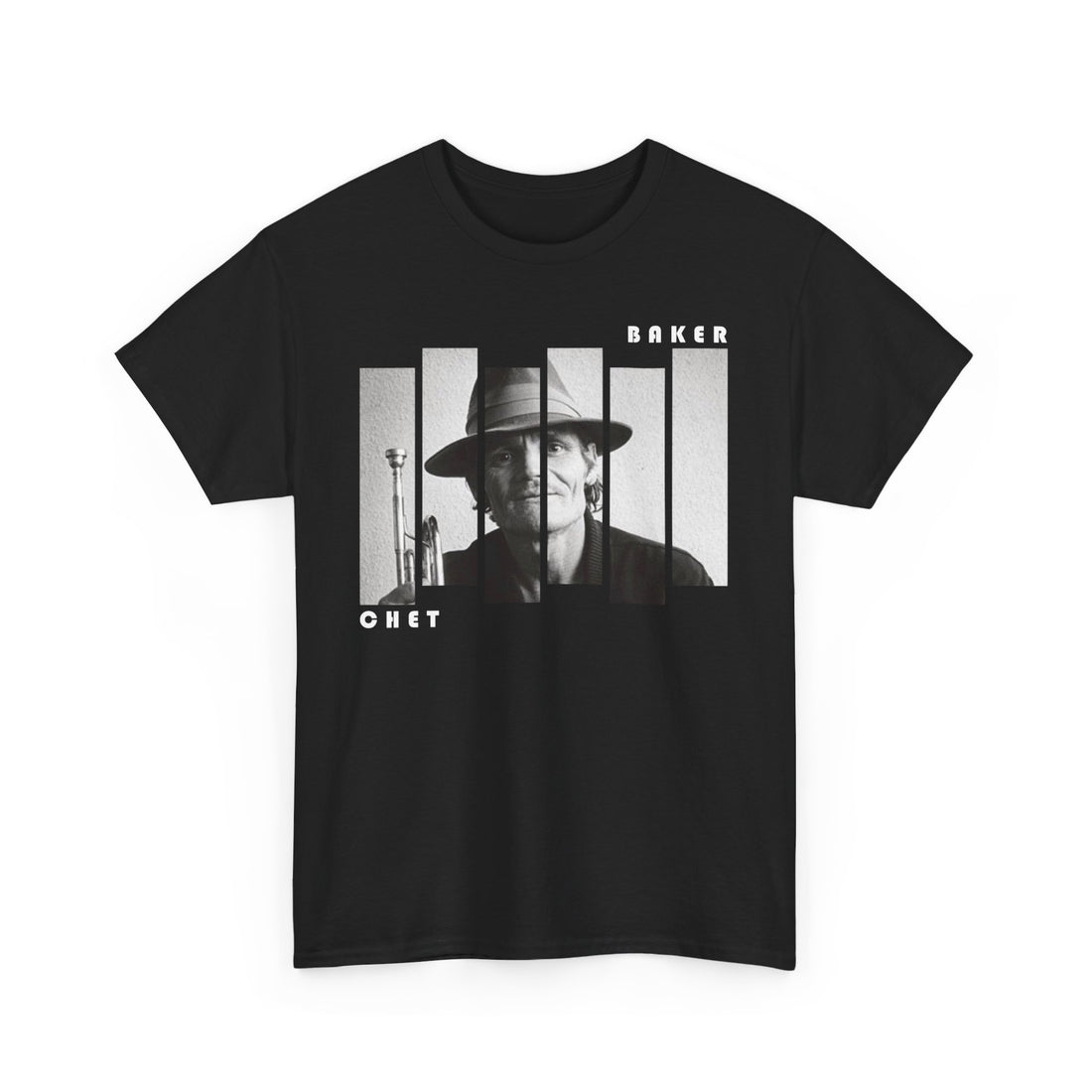 A black t shirt with a block photographic image of Chet Baker