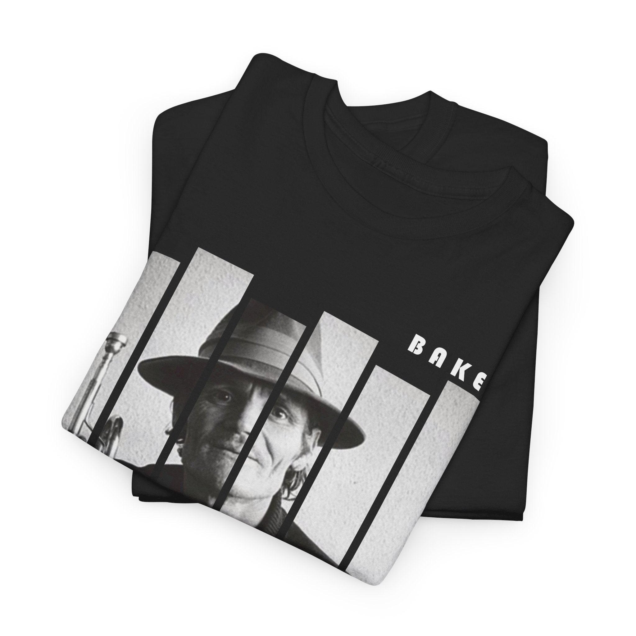 A black t shirt with a block photographic image of Chet Baker