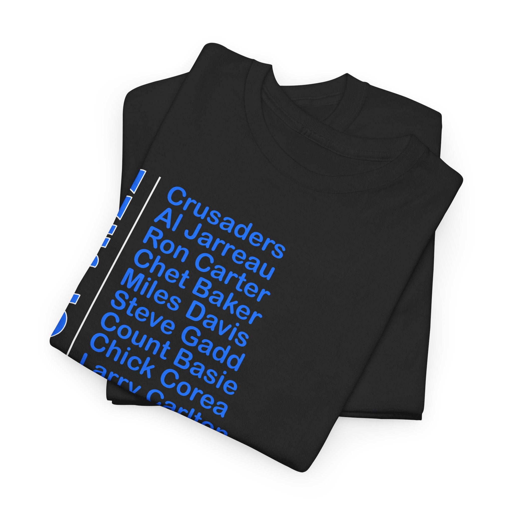 Icons of jazz listed on a black t shirt