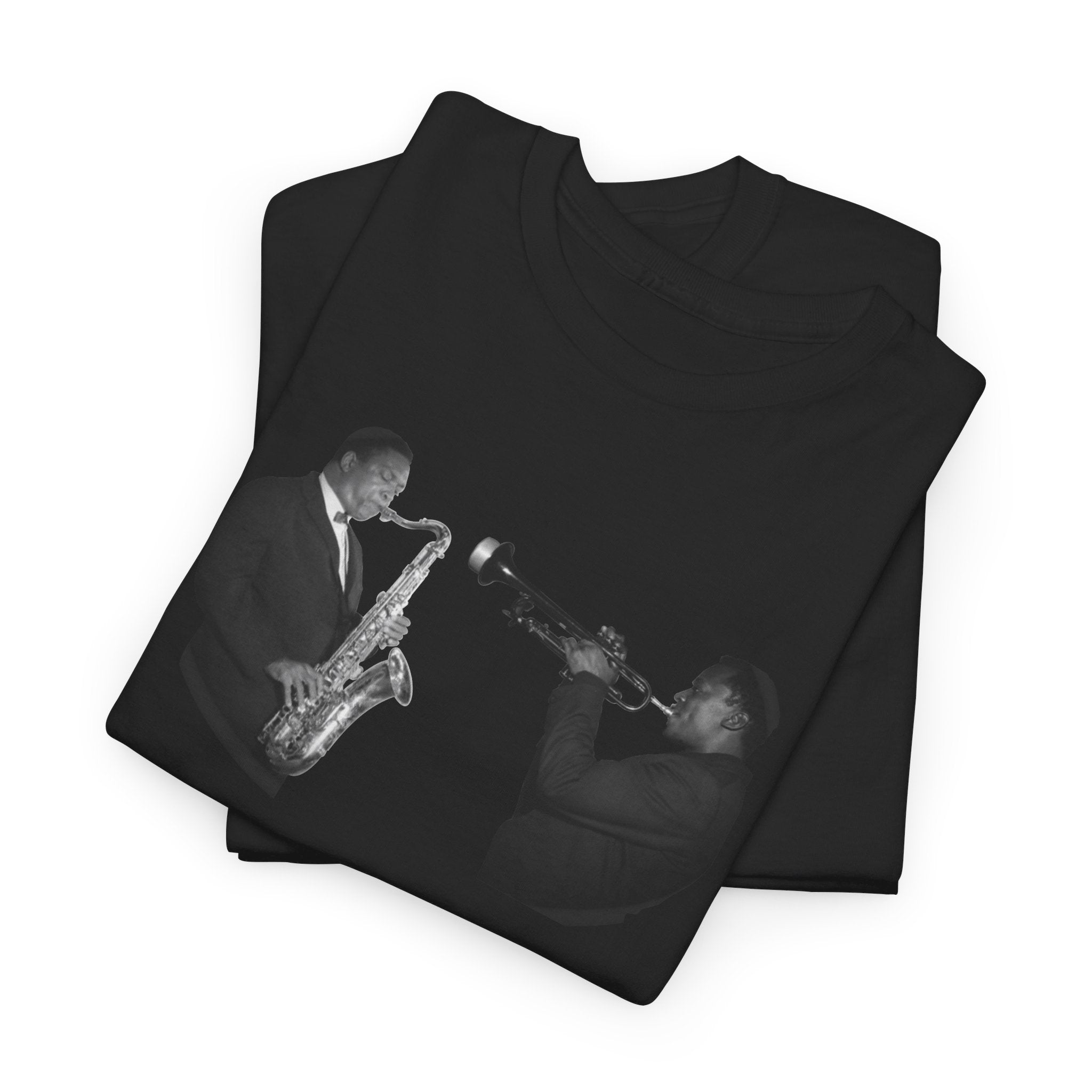 A black tee shirt with a photographic image of Miles Davis & John Coltrane