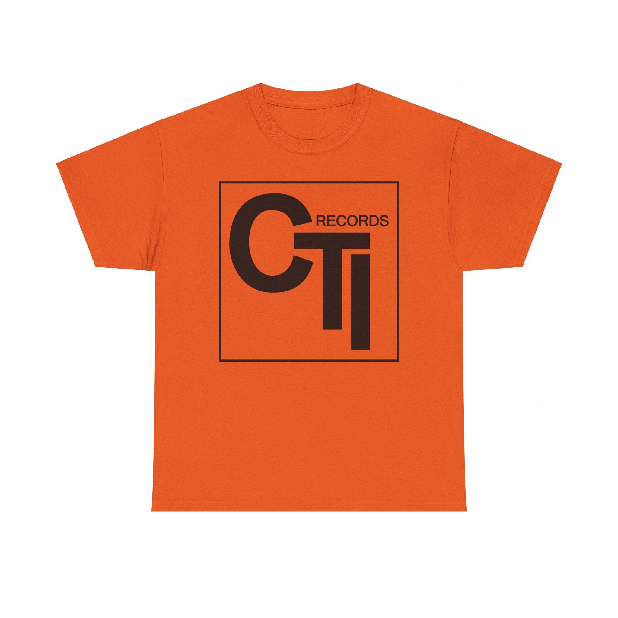 CTI Records Logo in black text on multi colored t-shirts