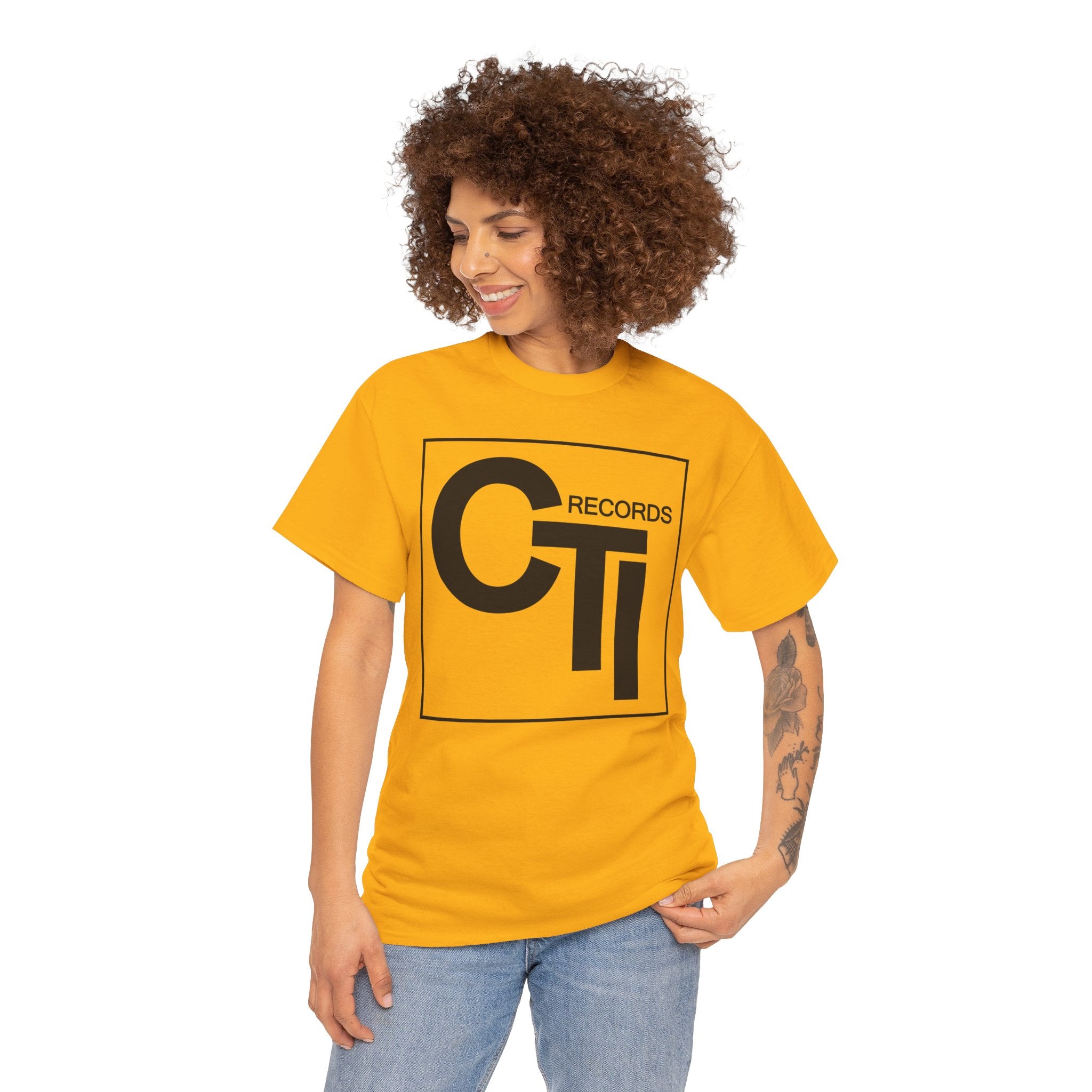 CTI Records Logo in black text on multi colored t-shirts