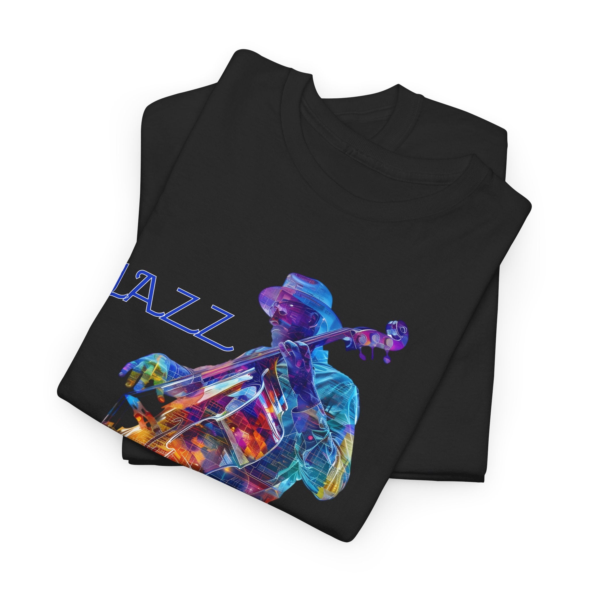 A black t shirt with an upright bass player image. The image has an unusual font saying ‘Jazz Bass’