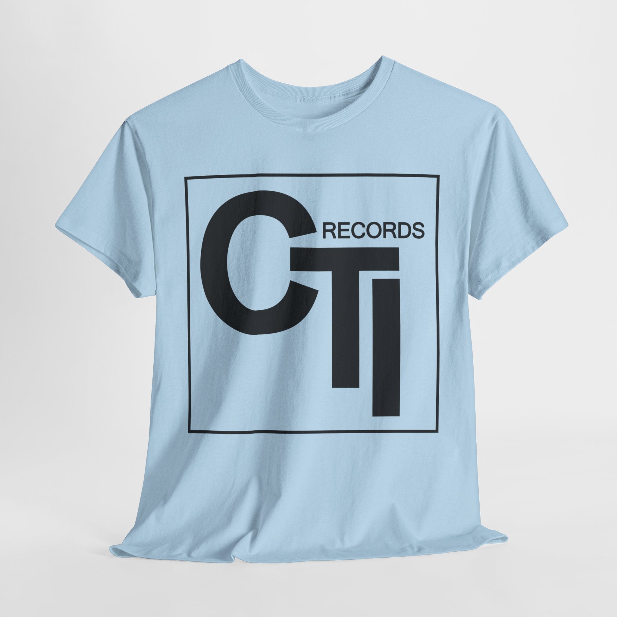CTI Records Logo in black text on multi colored t-shirts