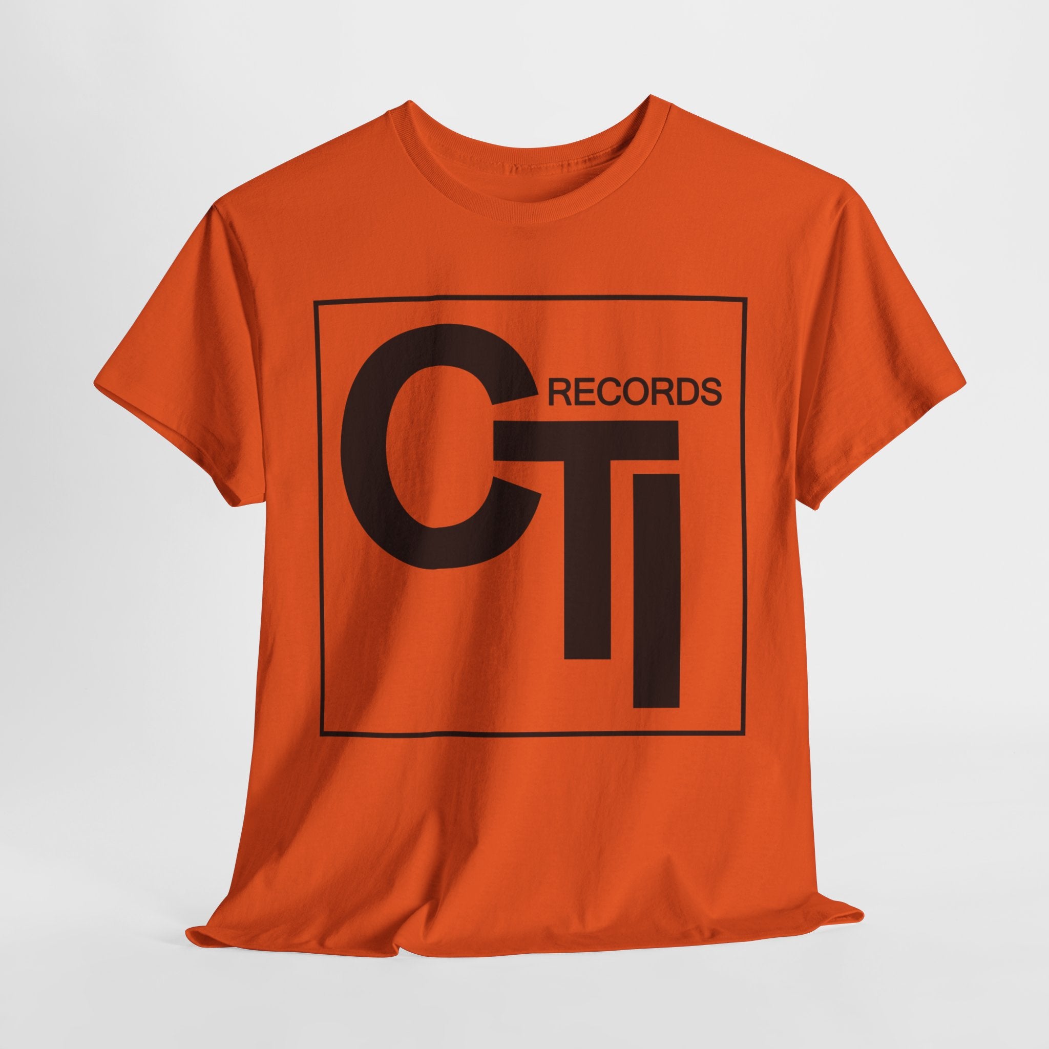 CTI Records Logo in black text on multi colored t-shirts