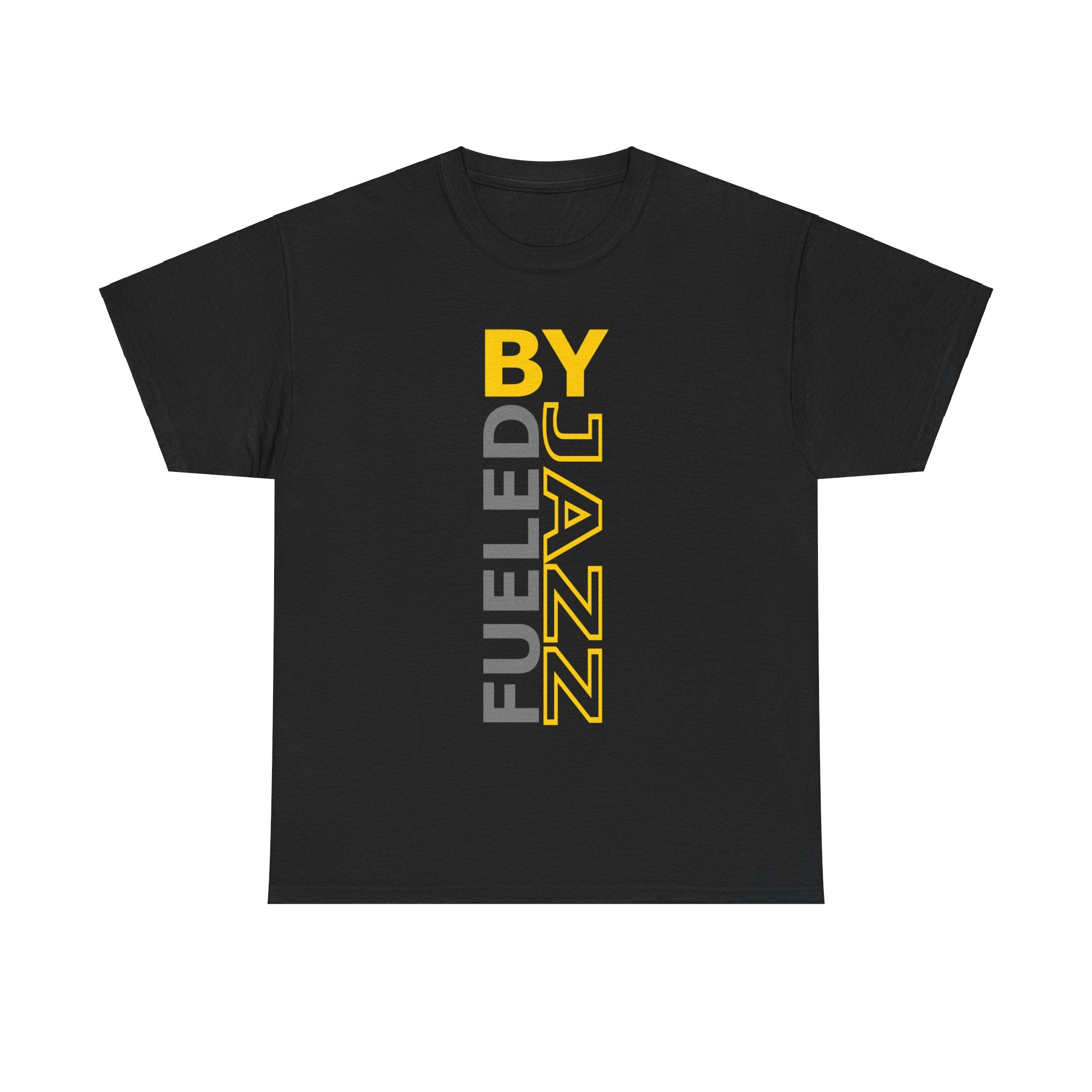 A t-shirt with a multi colored design using the words ‘Fuelled by Jazz’